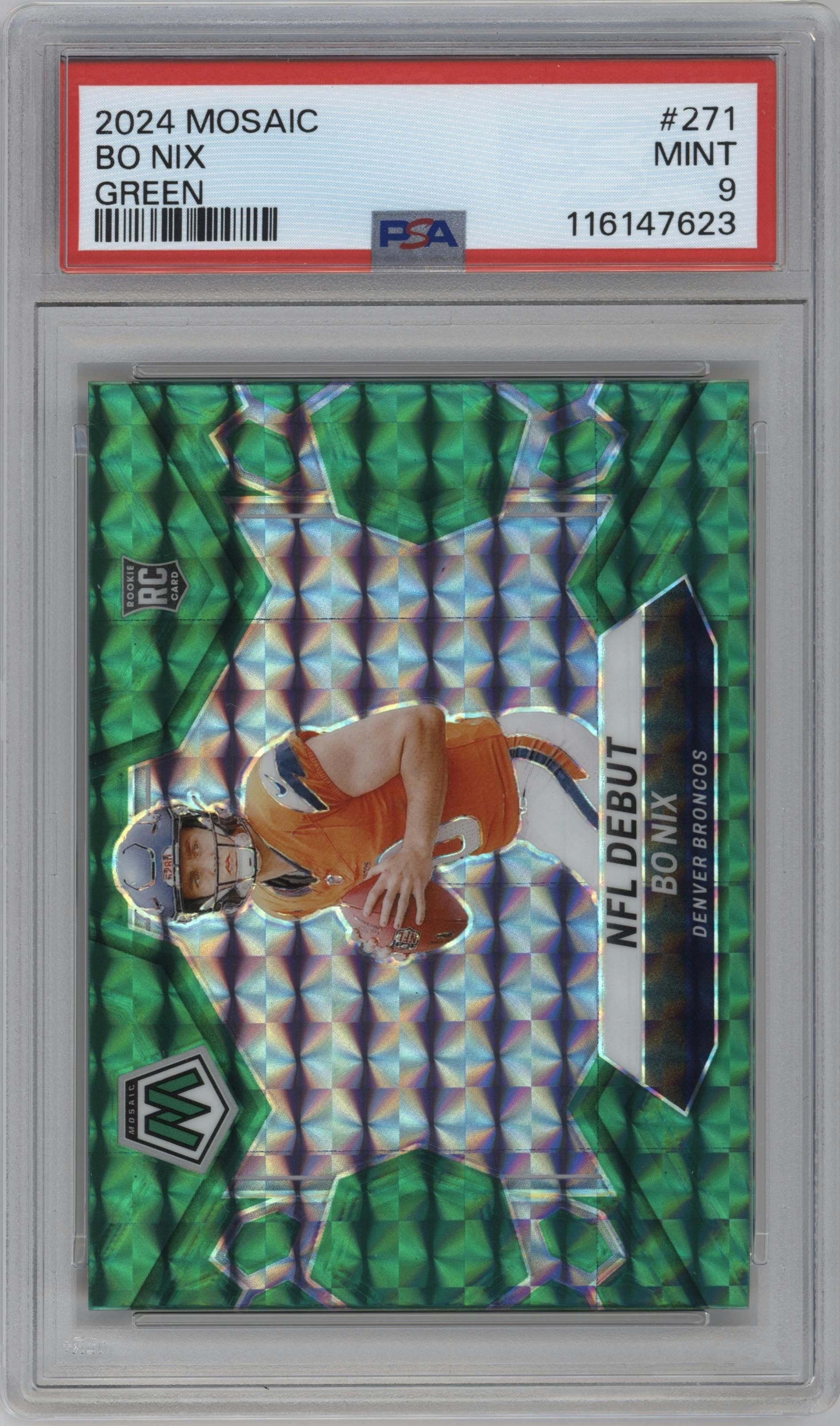 Bo Nix from the 2024 Panini Mosaic set featuring a Green Mosaic parallel graded by PSA and given an overall grade of 9.