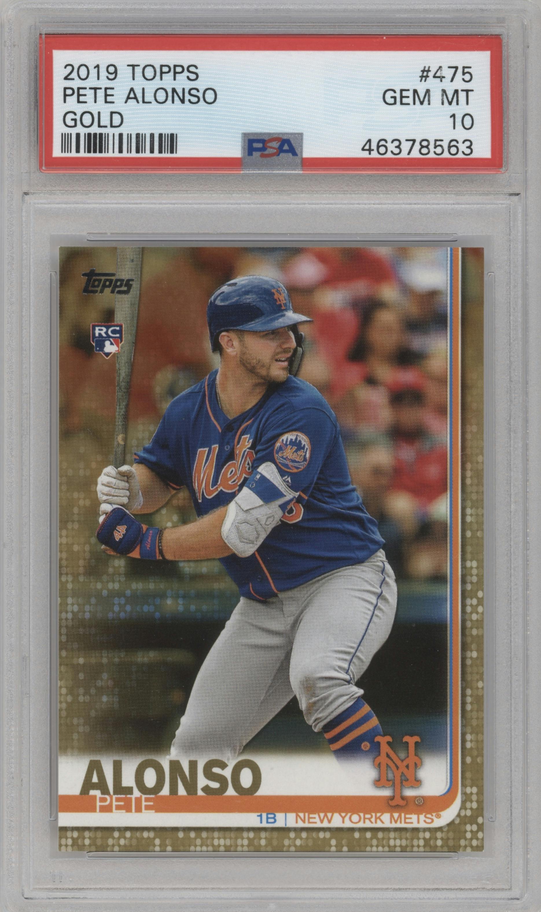 Pete Alonso from the 2019 Topps Series 2 set featuring a Gold parallel graded by PSA and given an overall grade of 10.