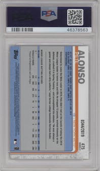 Pete Alonso from the 2019 Topps Series 2 set featuring a Gold parallel graded by PSA and given an overall grade of 10.