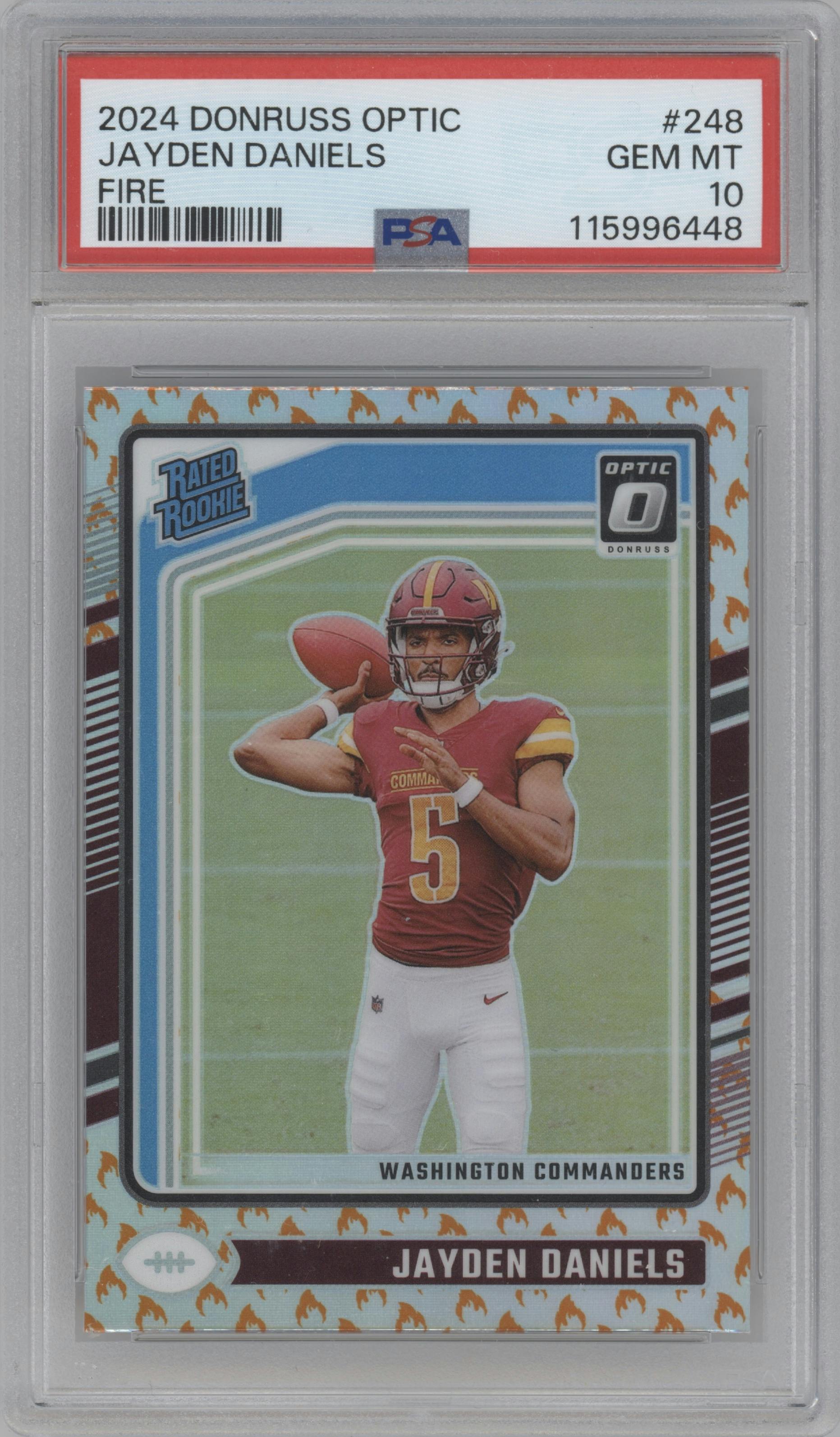 Jayden Daniels from the 2024 Donruss Optic set featuring a Fire parallel graded by PSA and given an overall grade of 10.