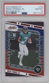 Brian Thomas Jr. from the 2024 Panini Absolute set featuring a Red/Blue parallel graded by PSA and given an overall grade of 10.