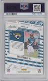 Brian Thomas Jr. from the 2024 Panini Absolute set featuring a Red/Blue parallel graded by PSA and given an overall grade of 10.
