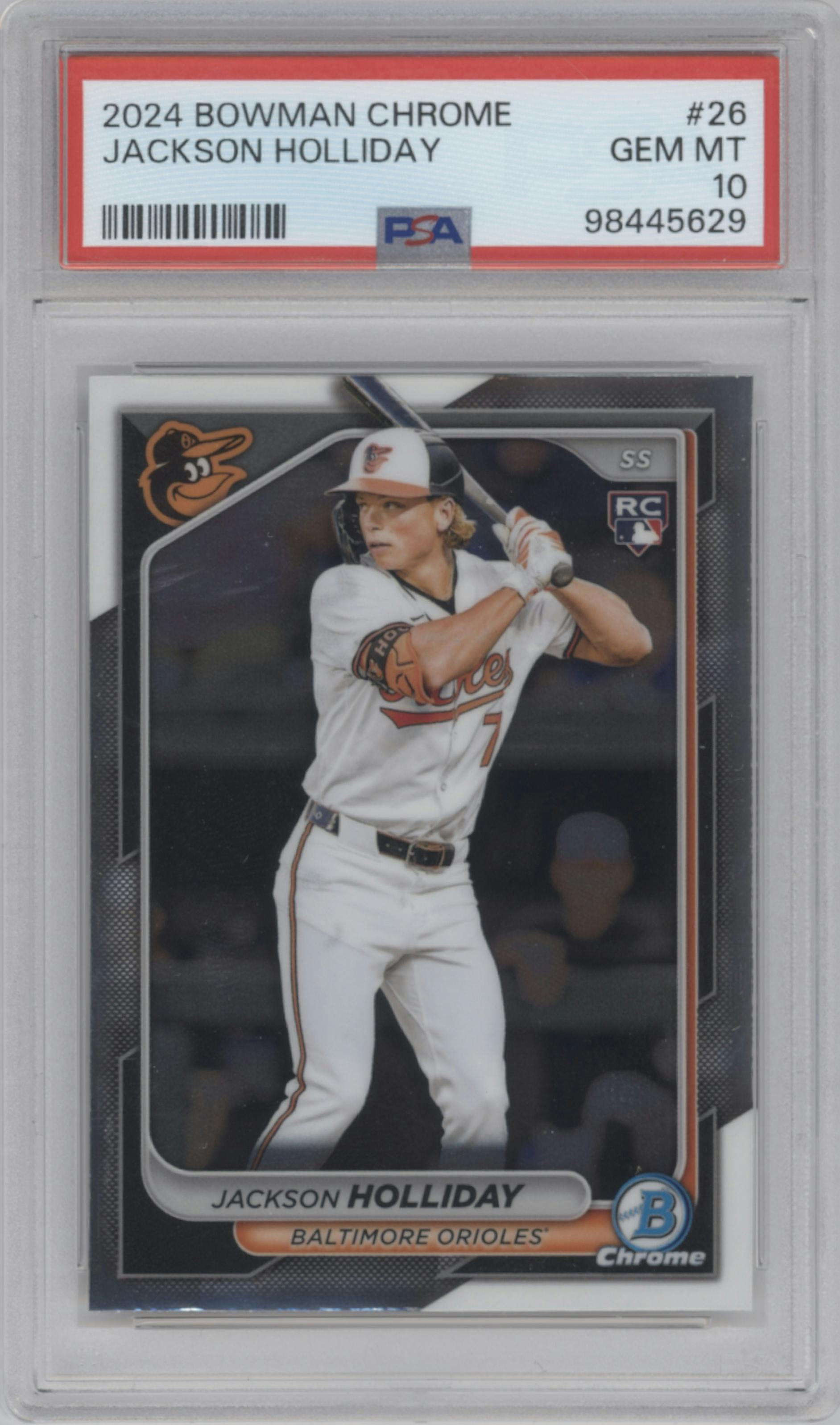 Jackson Holliday from the 2024 Bowman Chrome set graded by PSA and given an overall grade of 10.