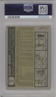 Roger Maris from the 1961 Topps set graded by PSA and given an overall grade of 5.