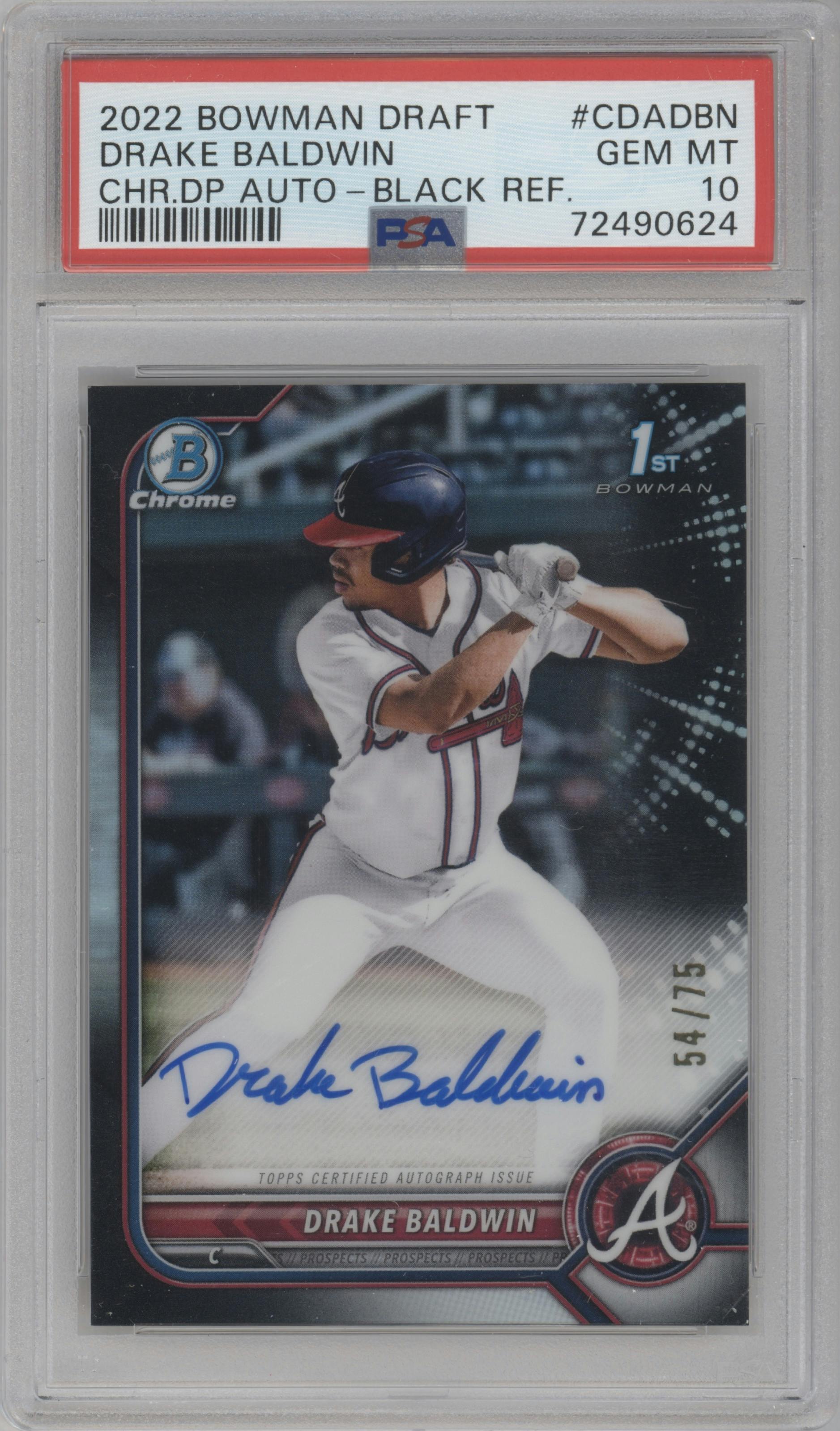Drake Baldwin from the 2022 Bowman Draft set featuring a Black Refractor parallel graded by PSA and given an overall grade of 10.