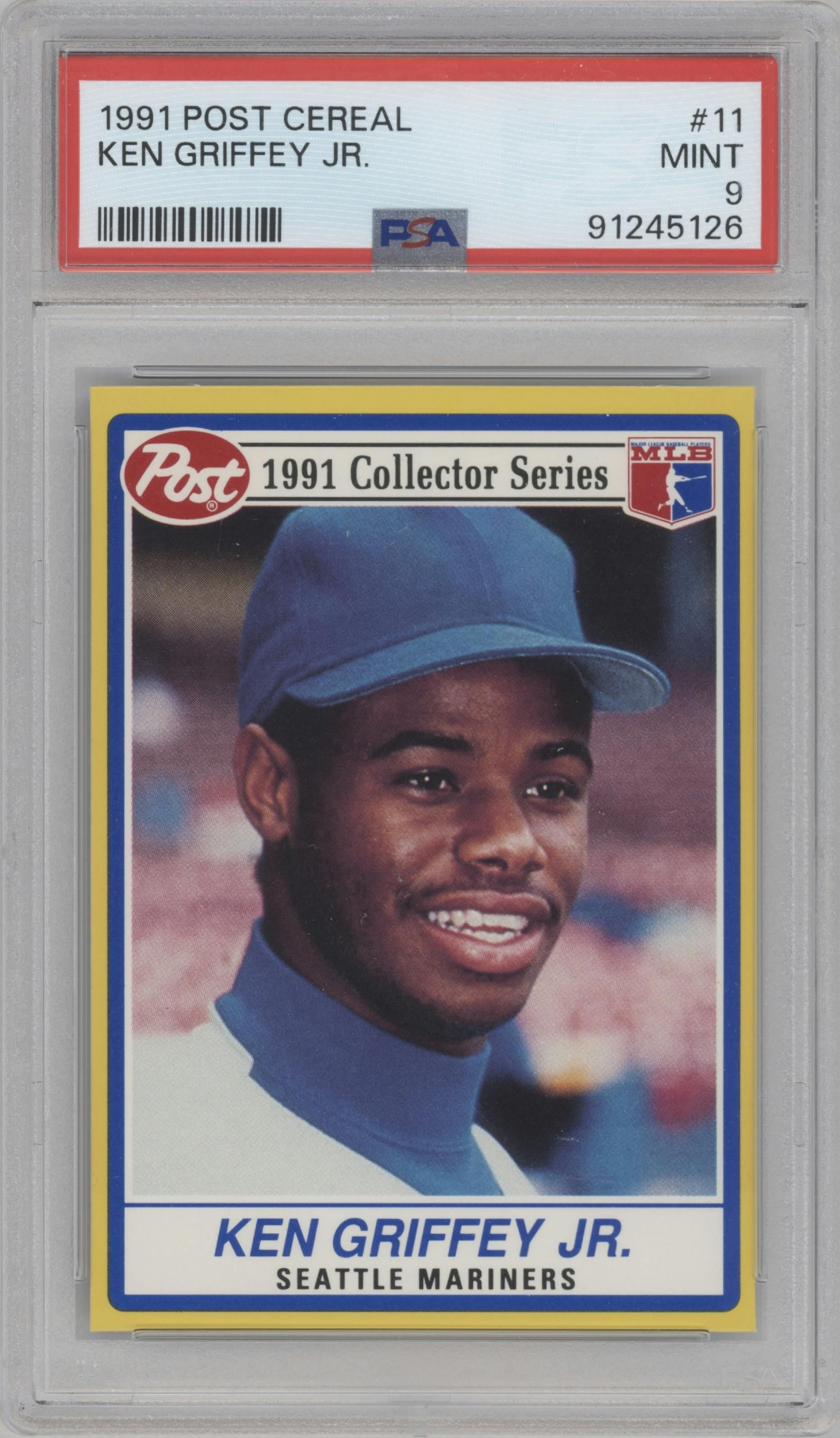 Ken Griffey Jr. from the 1991 Post Cereal set graded by PSA and given an overall grade of 9.