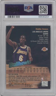 Eddie Jones from the 1997-98 Topps Finest set featuring a Refractor W/ Coating parallel graded by PSA and given an overall grade of 8.