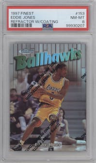 Eddie Jones from the 1997-98 Topps Finest set featuring a Refractor W/ Coating parallel graded by PSA and given an overall grade of 8.