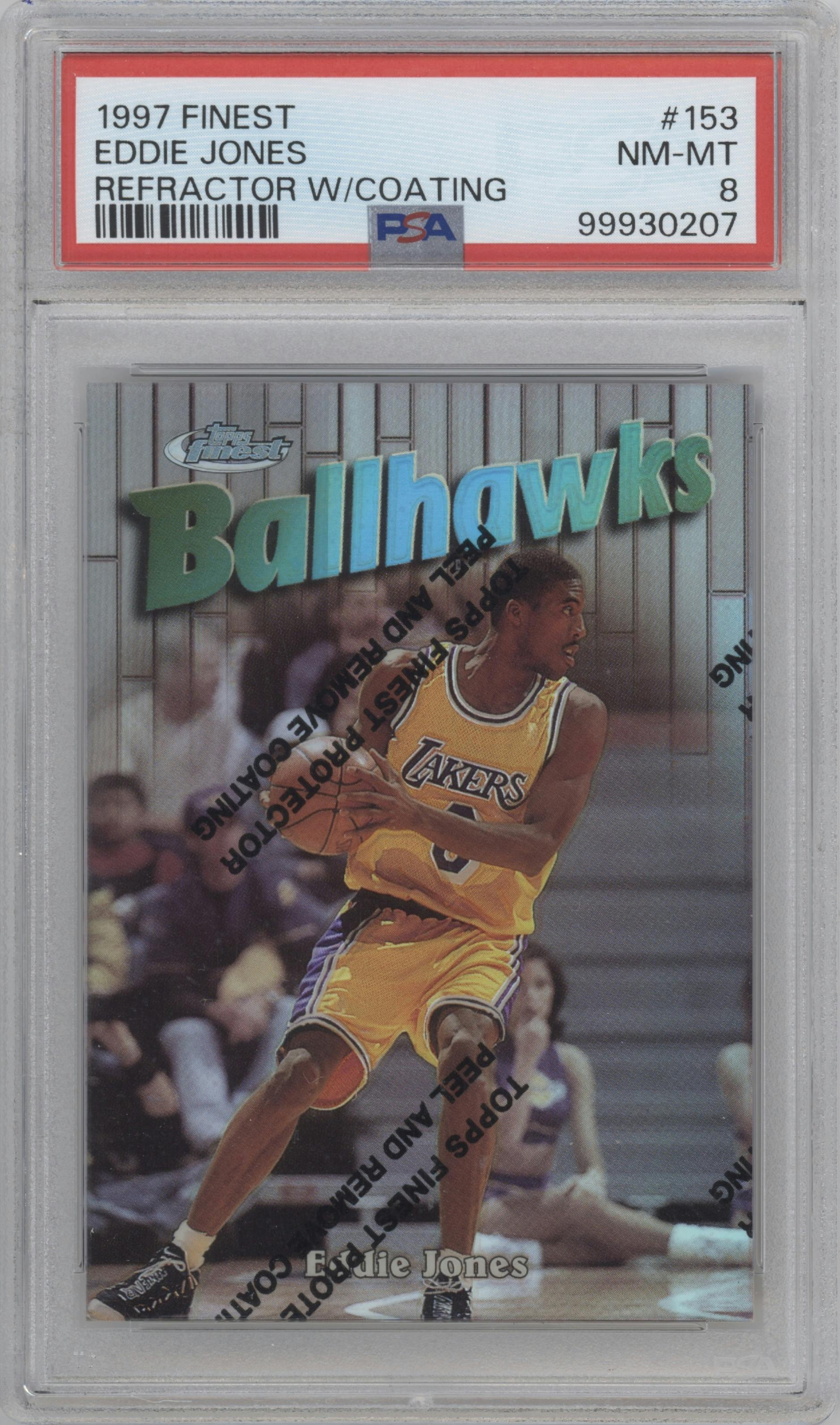 Eddie Jones from the 1997-98 Topps Finest set featuring a Refractor W/ Coating parallel graded by PSA and given an overall grade of 8.