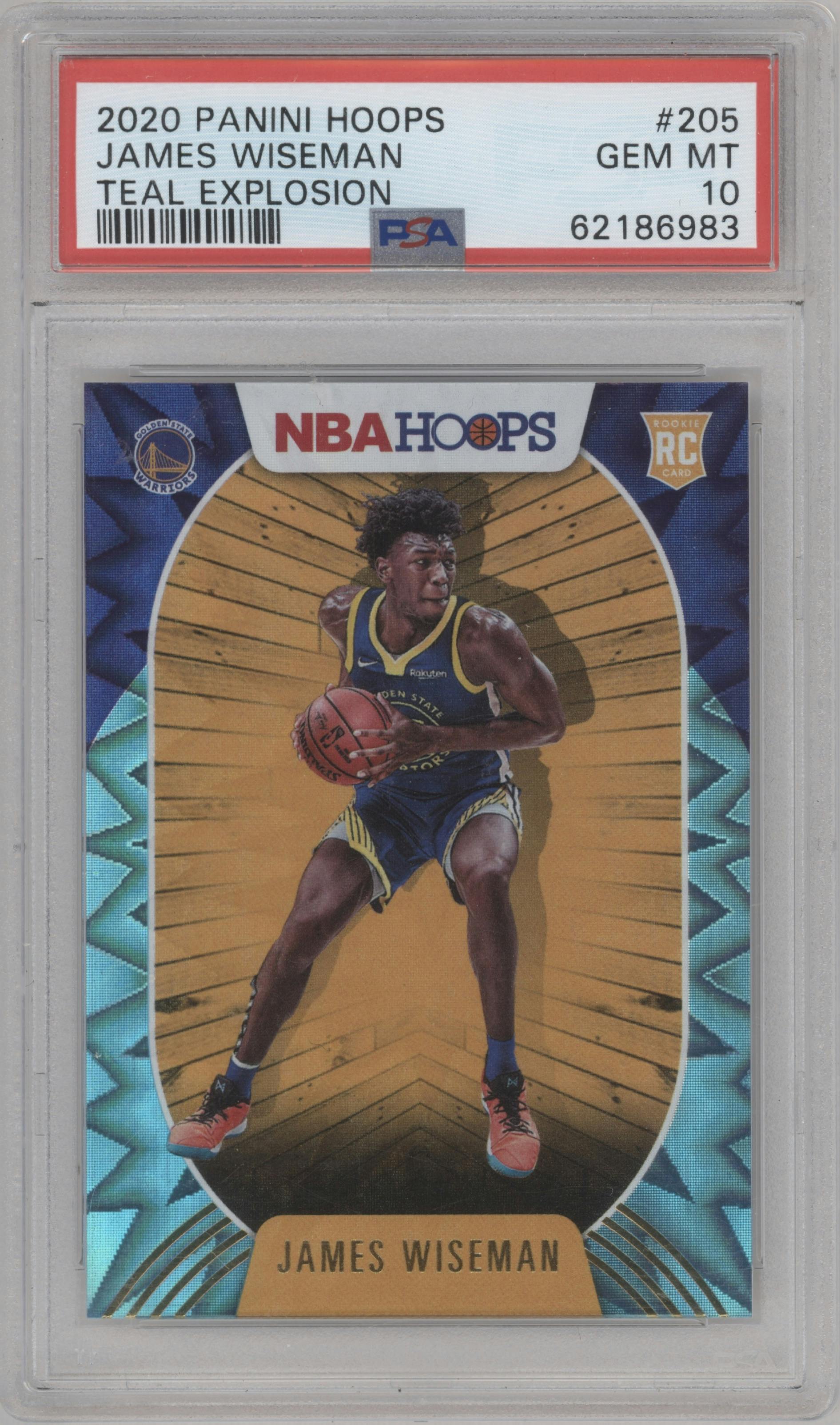 James Wiseman from the 2020-21 Panini NBA Hoops set featuring a Teal Explosion parallel graded by PSA and given an overall grade of 10.