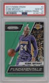 Kobe Bryant from the 2017-18 Panini Prizm  set featuring a Green Prizm  parallel graded by PSA and given an overall grade of 10.