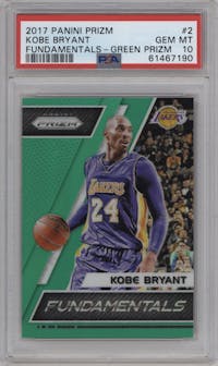 Kobe Bryant from the 2017-18 Panini Prizm  set featuring a Green Prizm  parallel graded by PSA and given an overall grade of 10.