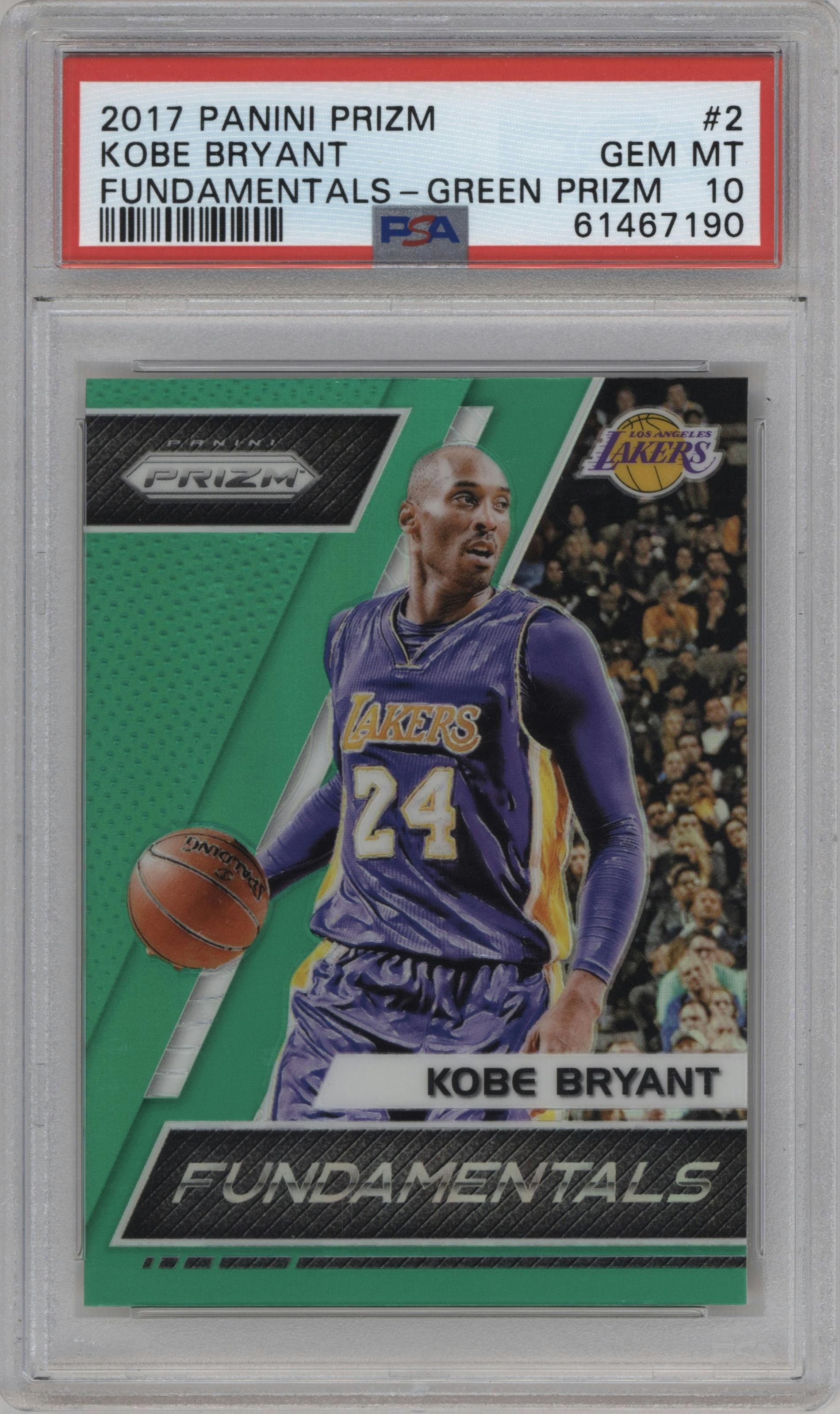 Kobe Bryant from the 2017-18 Panini Prizm  set featuring a Green Prizm  parallel graded by PSA and given an overall grade of 10.