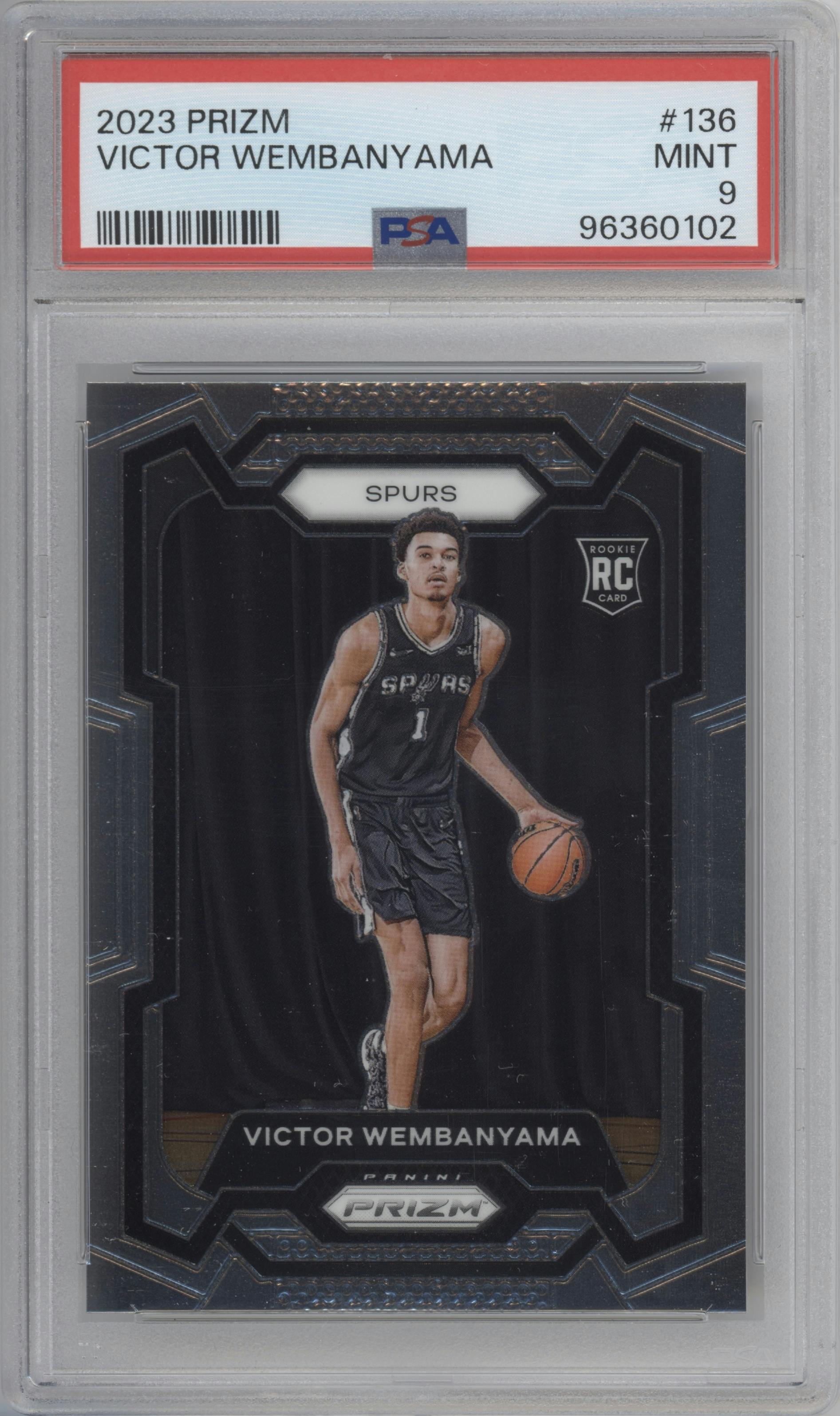 Victor Wembanyama from the 2023-24 Panini Prizm set graded by PSA and given an overall grade of 9.