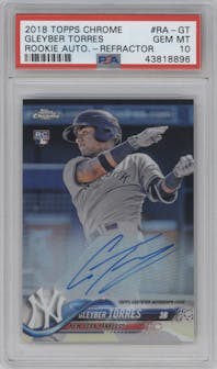 Gleyber Torres from the 2018 Topps Chrome set featuring a Refractor parallel graded by PSA and given an overall grade of 10.