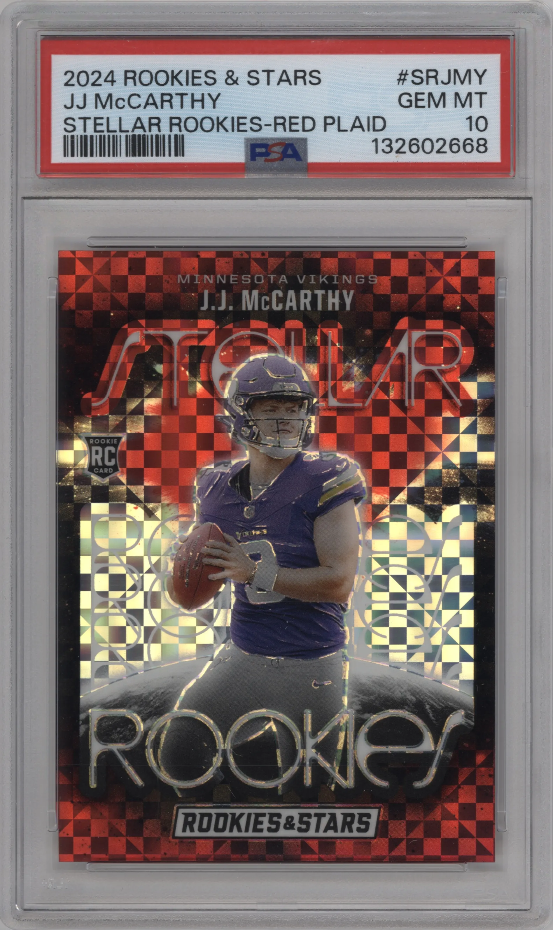 2024 Panini Rookies & Stars Stellar Rke. J.J. McCarthy Red Plaid PSA 10