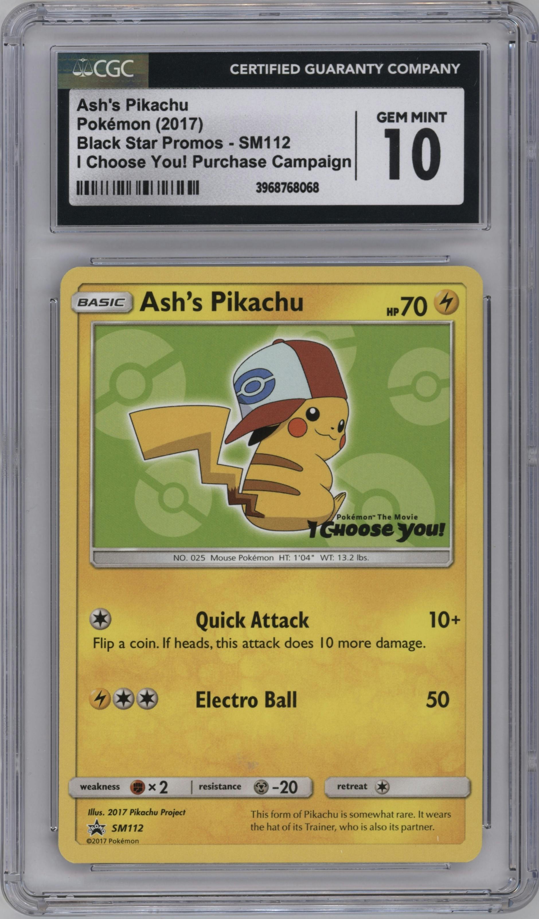 Ash's Pikachu from the 2017 Pokemon S&M set featuring a I Choose You! parallel graded by CSG and given an overall grade of 10.