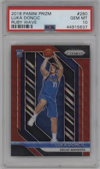 Luka Doncic from the 2018-19 Panini Prizm set featuring a Ruby Wave parallel graded by PSA and given an overall grade of 10.