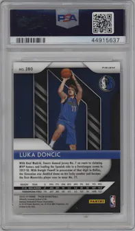 Luka Doncic from the 2018-19 Panini Prizm set featuring a Ruby Wave parallel graded by PSA and given an overall grade of 10.