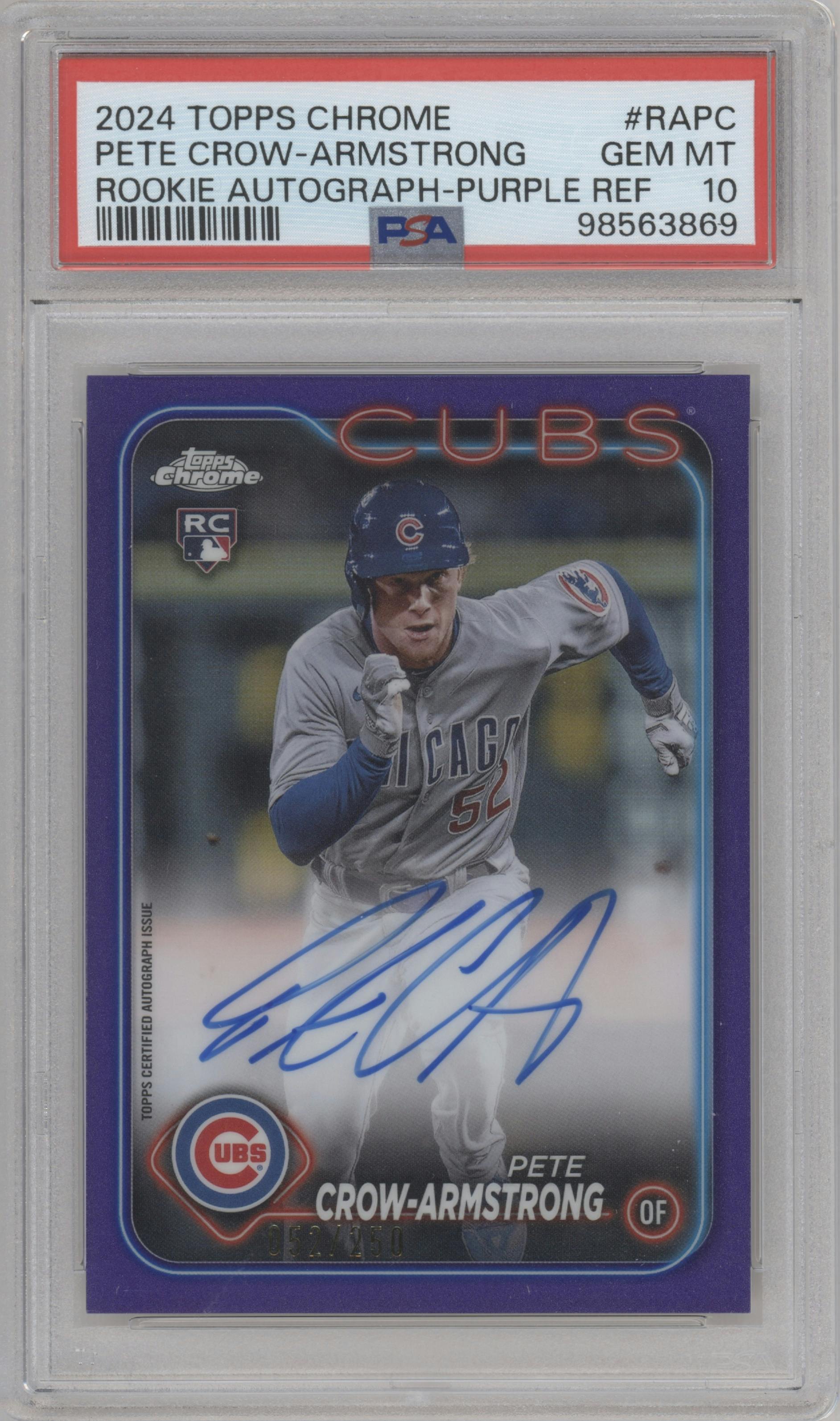 Pete Crow-Armstrong from the 2024 Topps Chrome set featuring a Purple Refractor parallel graded by PSA and given an overall grade of 10.