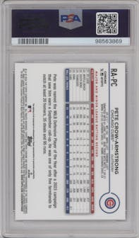Pete Crow-Armstrong from the 2024 Topps Chrome set featuring a Purple Refractor parallel graded by PSA and given an overall grade of 10.