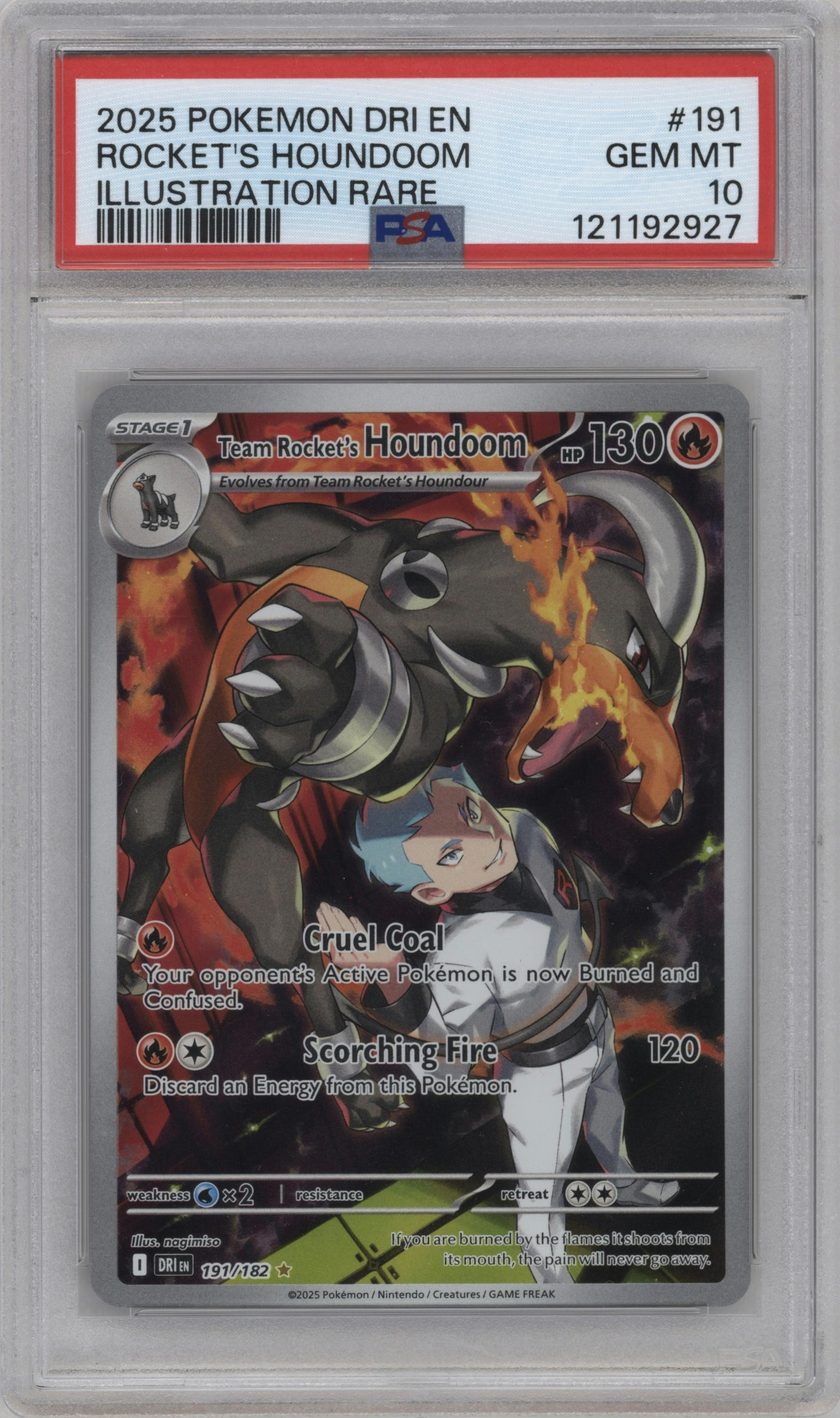 Team Rocket's Houndoom from the 2025 Pokemon SV set graded by PSA and given an overall grade of 10.