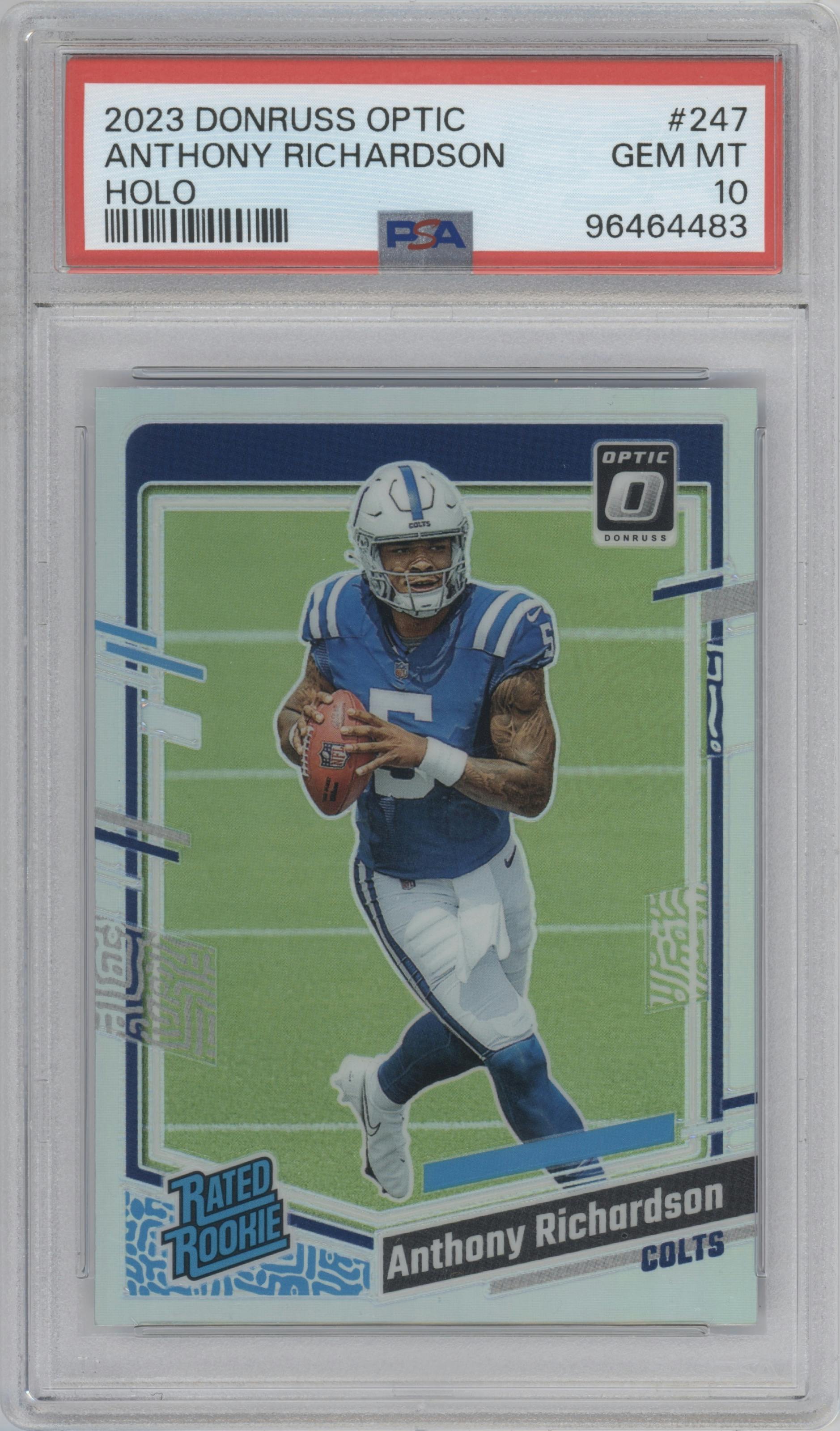 Anthony Richardson from the 2023 Donruss Optic set featuring a Holo parallel graded by PSA and given an overall grade of 10.