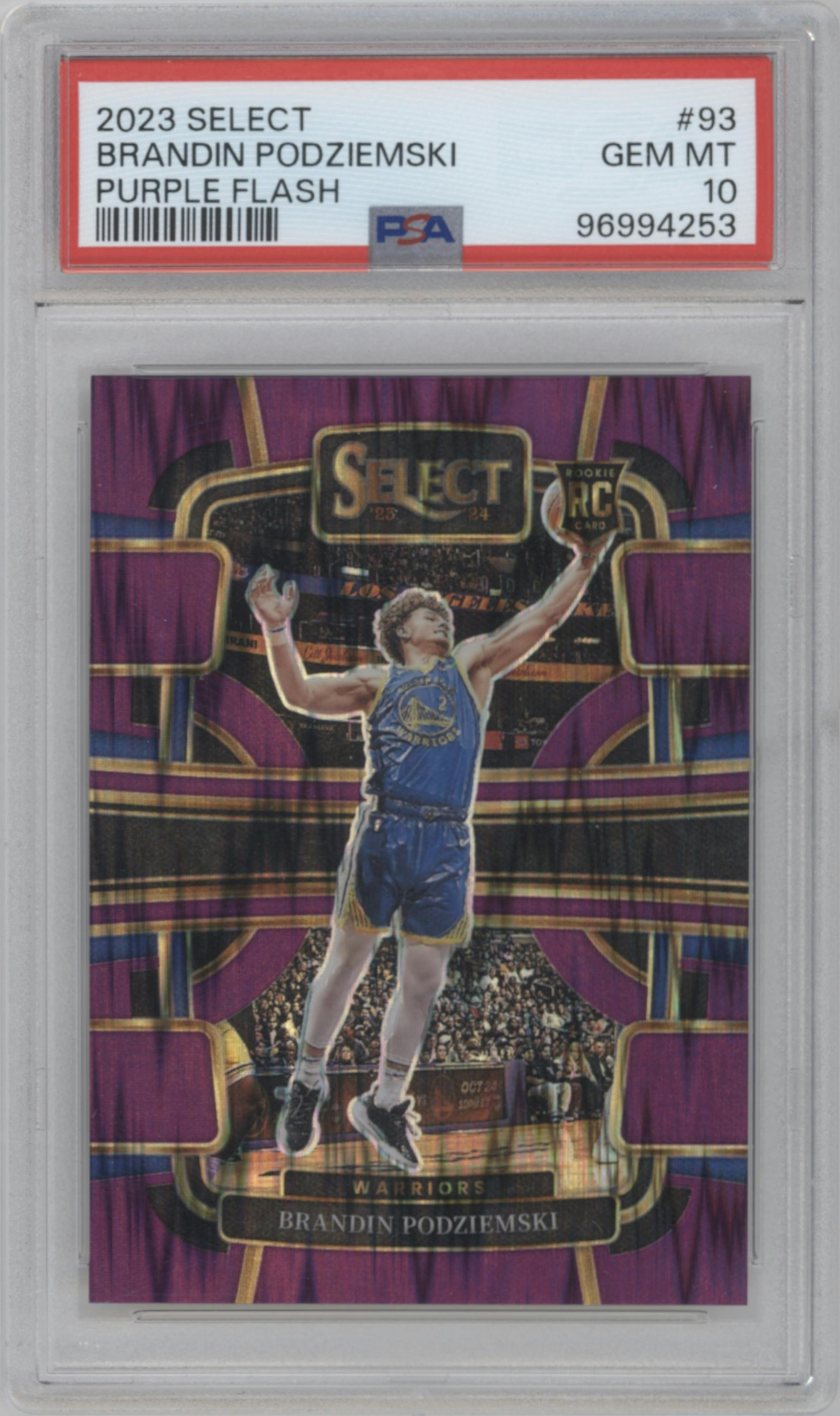 Brandin Podziemski from the 2023-24 Panini Select  set featuring a Purple Flash parallel graded by PSA and given an overall grade of 10.