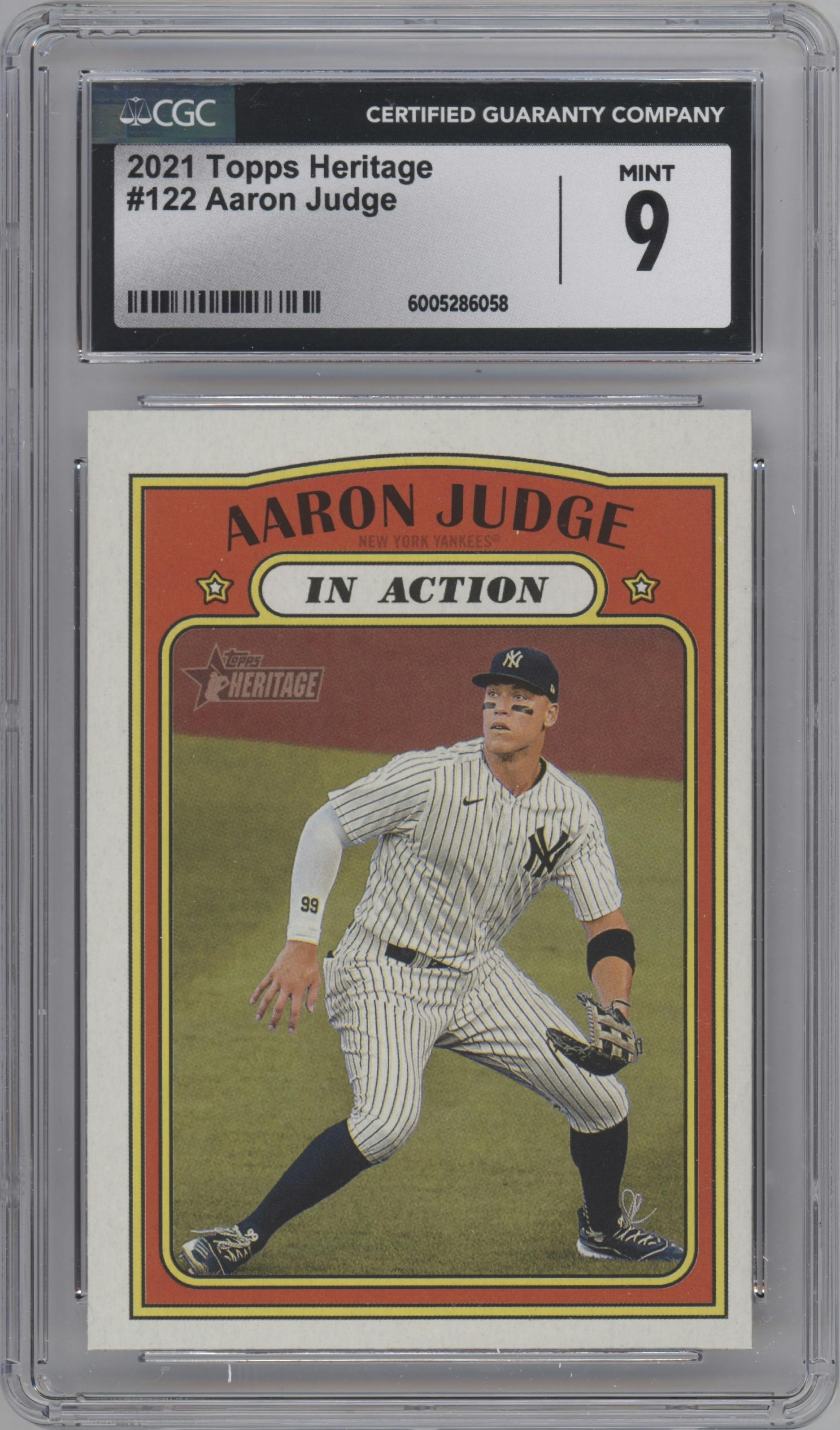 Aaron Judge from the 2021 Topps Heritage set graded by CSG and given an overall grade of 9.