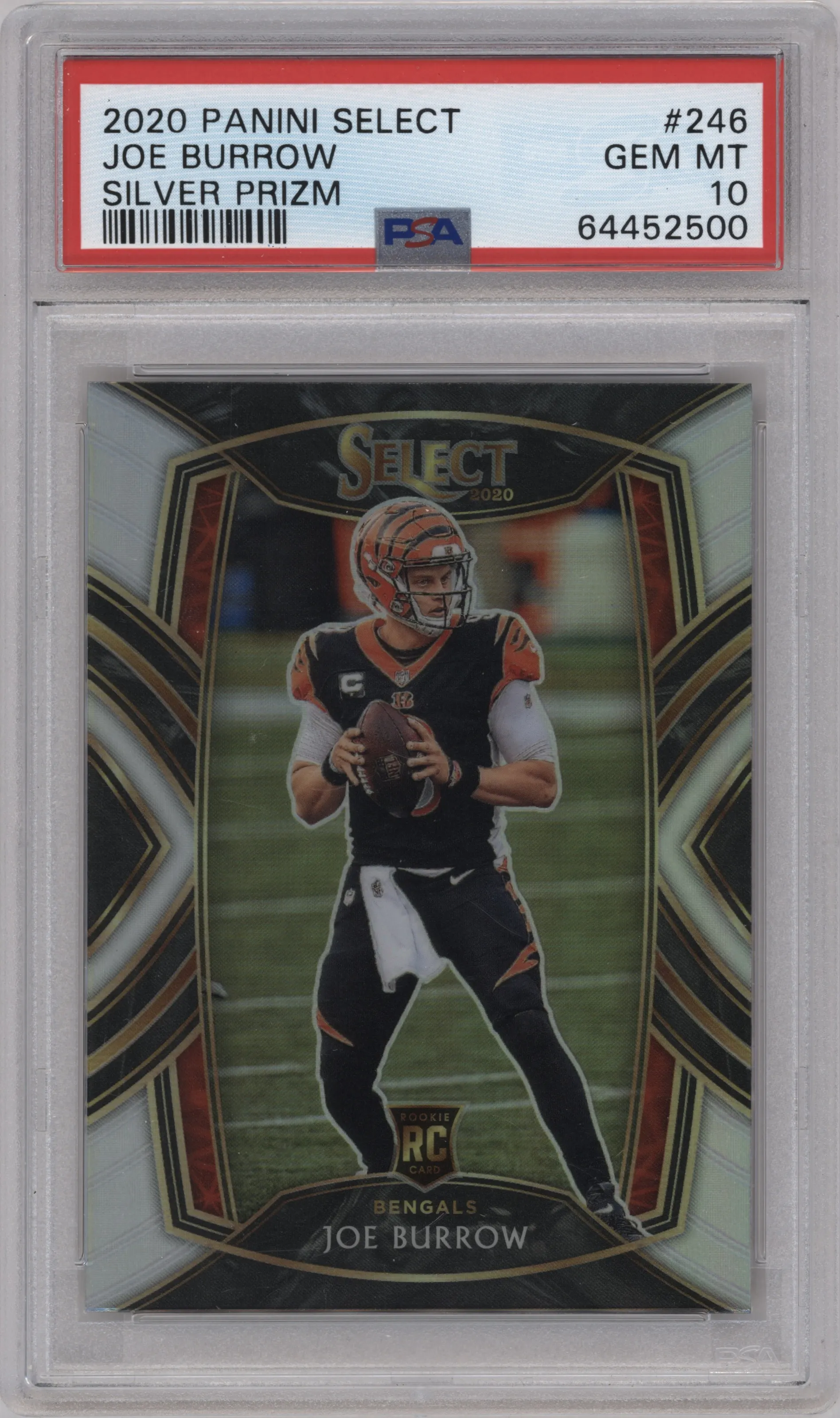 Joe Burrow from the 2020 Panini Select set featuring a Silver Prizm parallel graded by PSA and given an overall grade of 10.