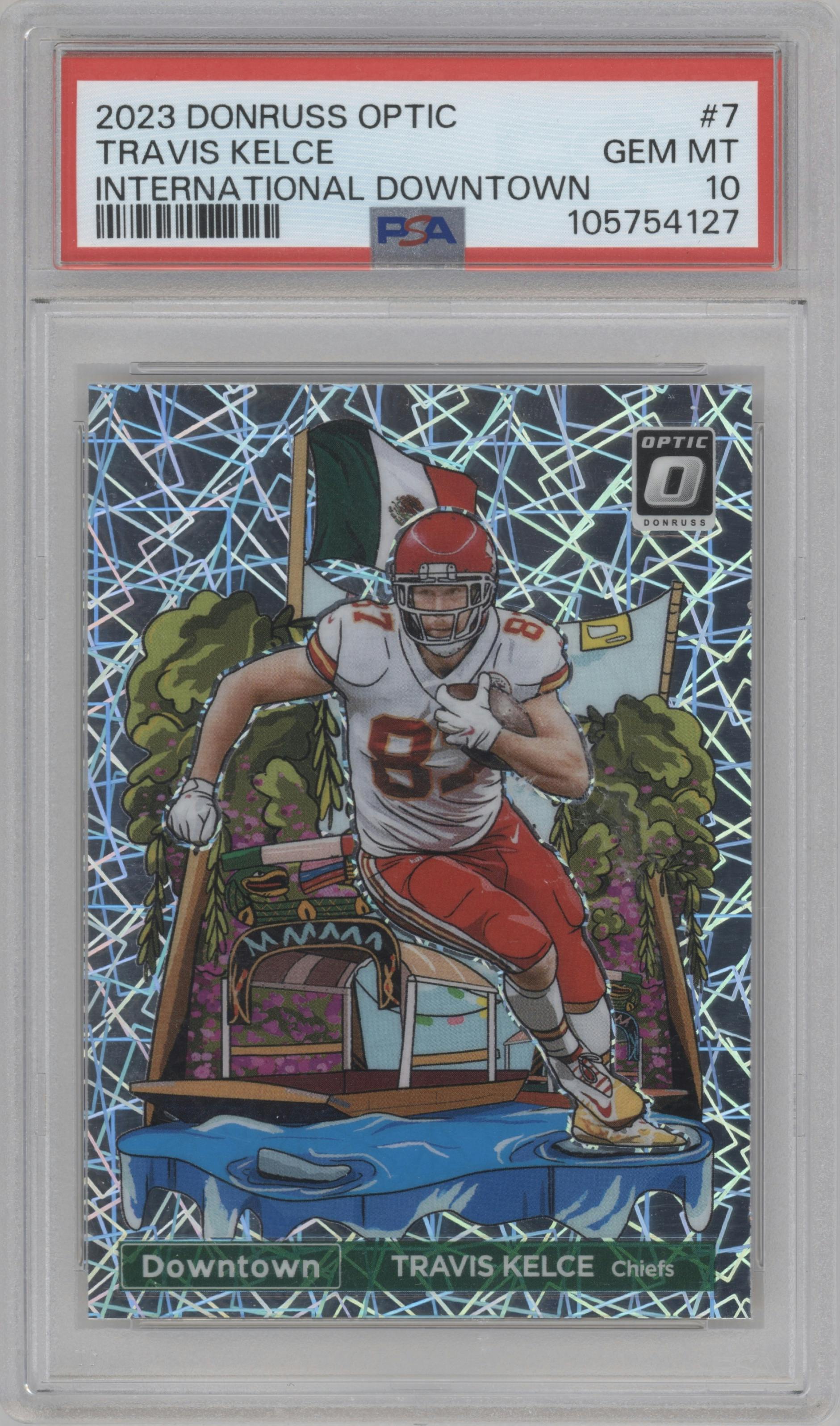 Travis Kelce from the 2023 Donruss Optic set graded by PSA and given an overall grade of 10.