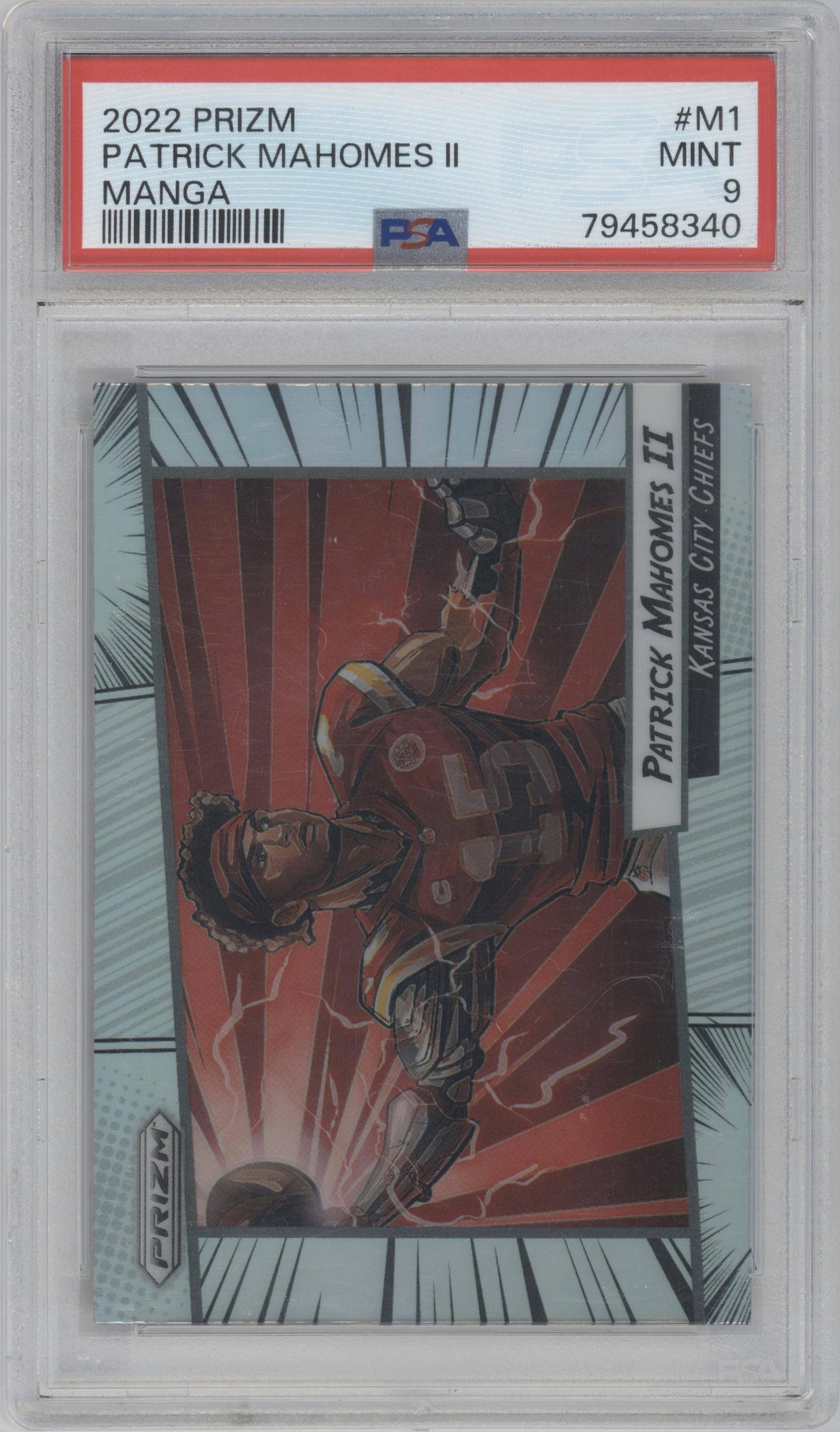 Patrick Mahomes II  from the 2022 Panini Prizm set graded by PSA and given an overall grade of 9.