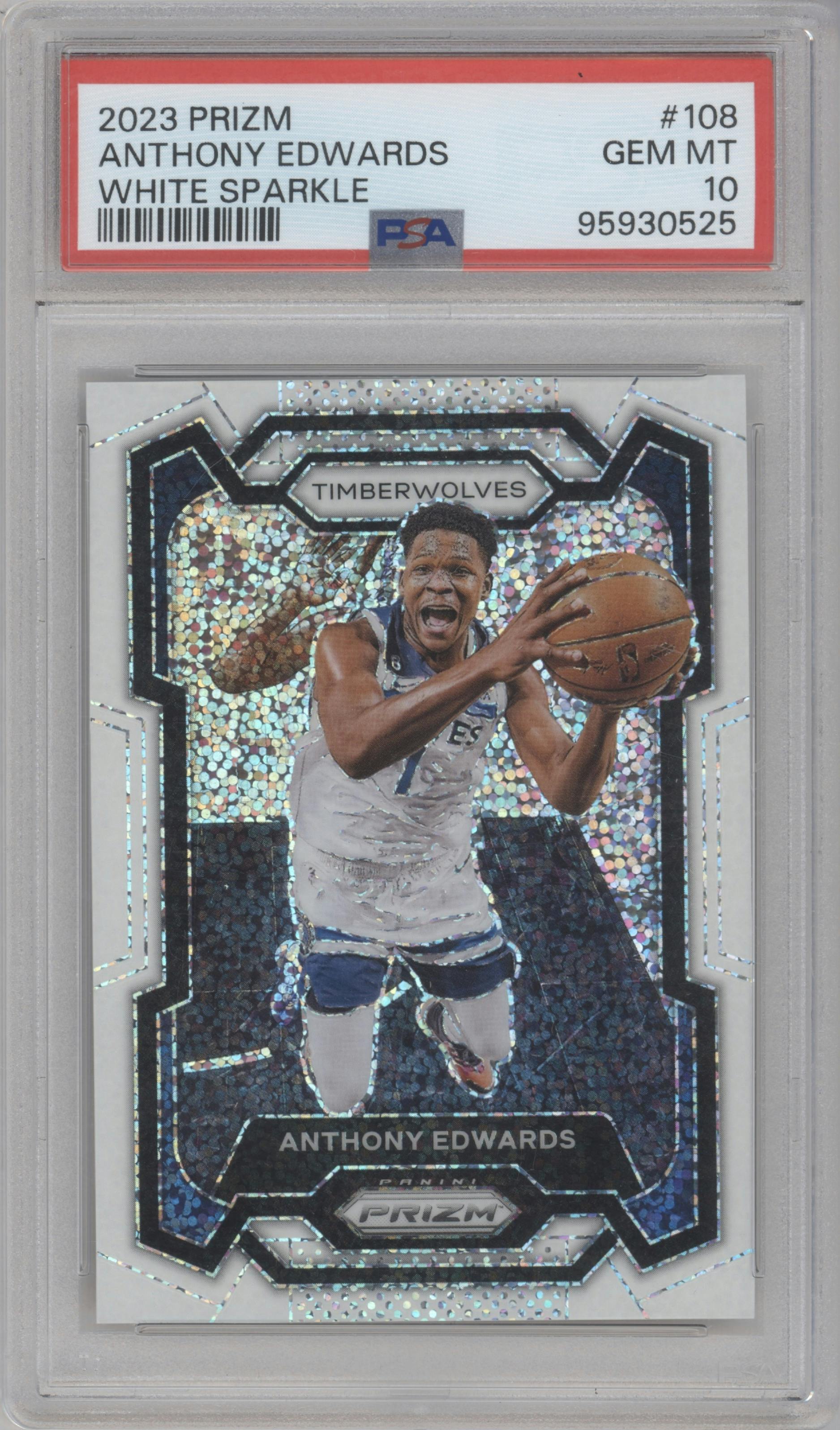 Anthony Edwards from the 2023-24 Panini Prizm set featuring a White Sparkle parallel graded by PSA and given an overall grade of 10.