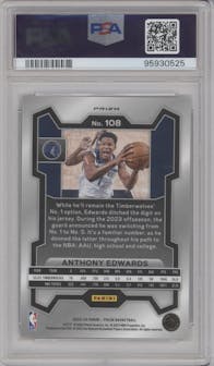 Anthony Edwards from the 2023-24 Panini Prizm set featuring a White Sparkle parallel graded by PSA and given an overall grade of 10.