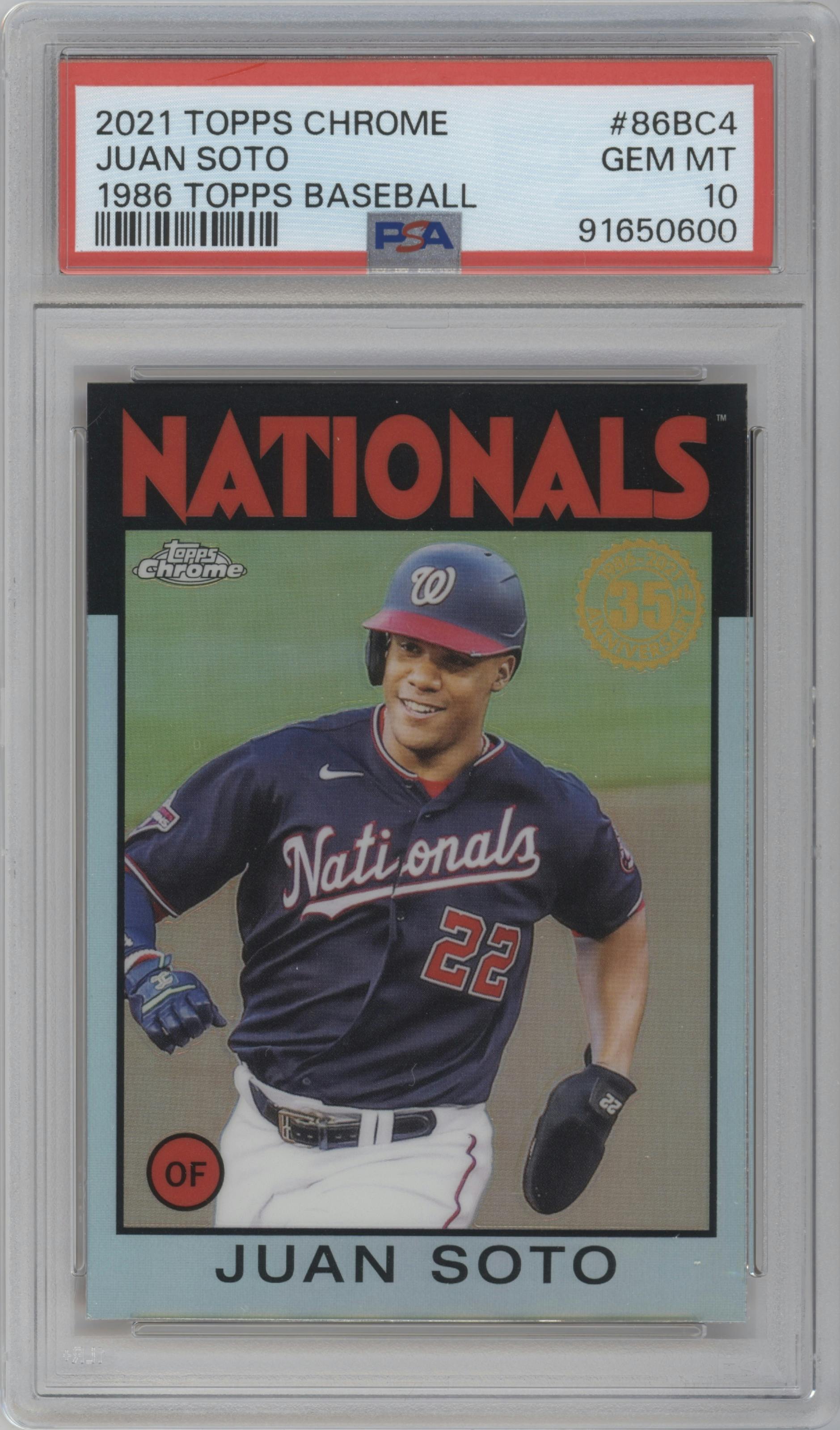 Juan Soto from the 2021 Topps Chrome set graded by PSA and given an overall grade of 10.
