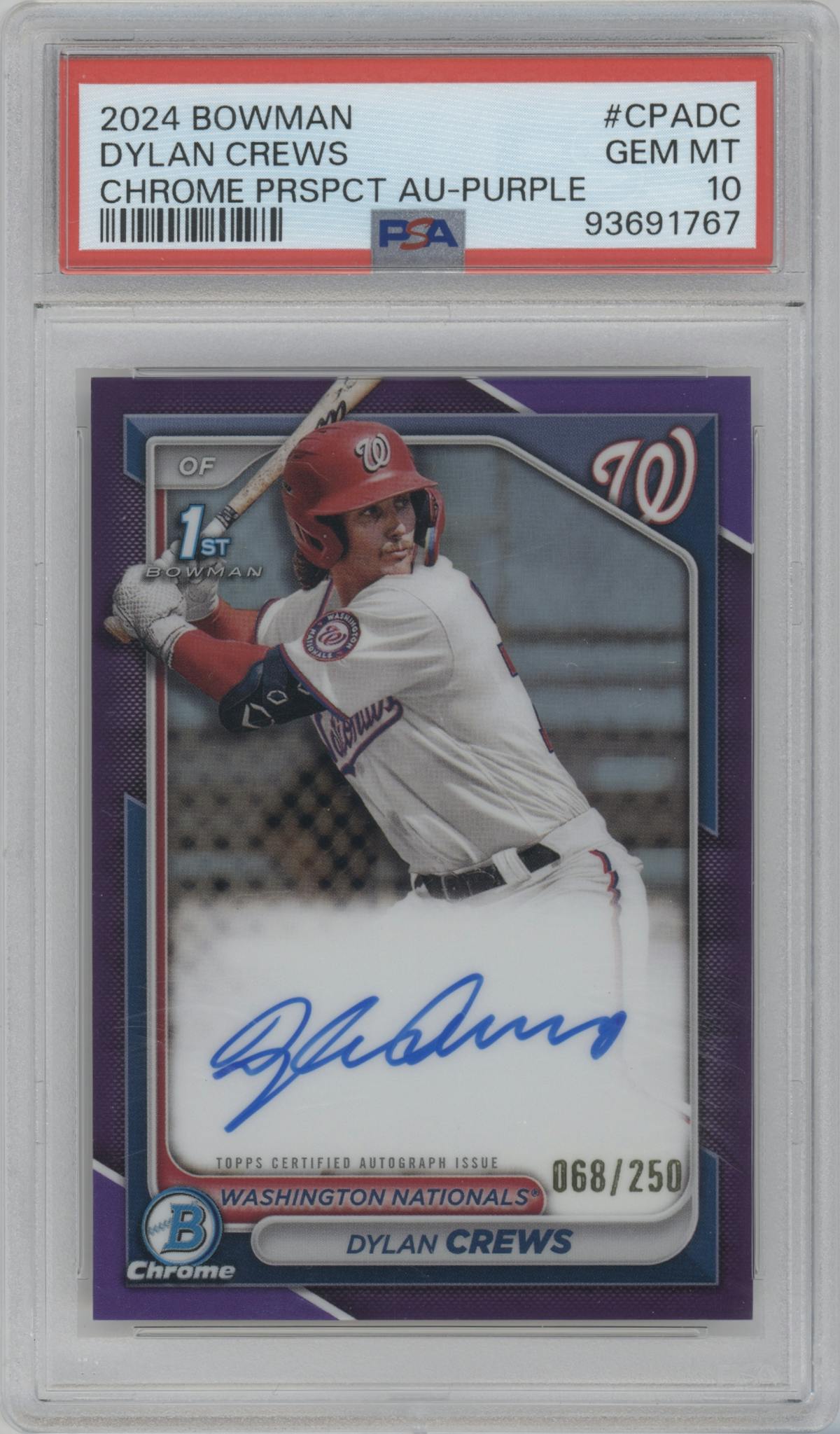 Dylan Crews from the 2024 Bowman set featuring a Purple Refractor parallel graded by PSA and given an overall grade of 10.
