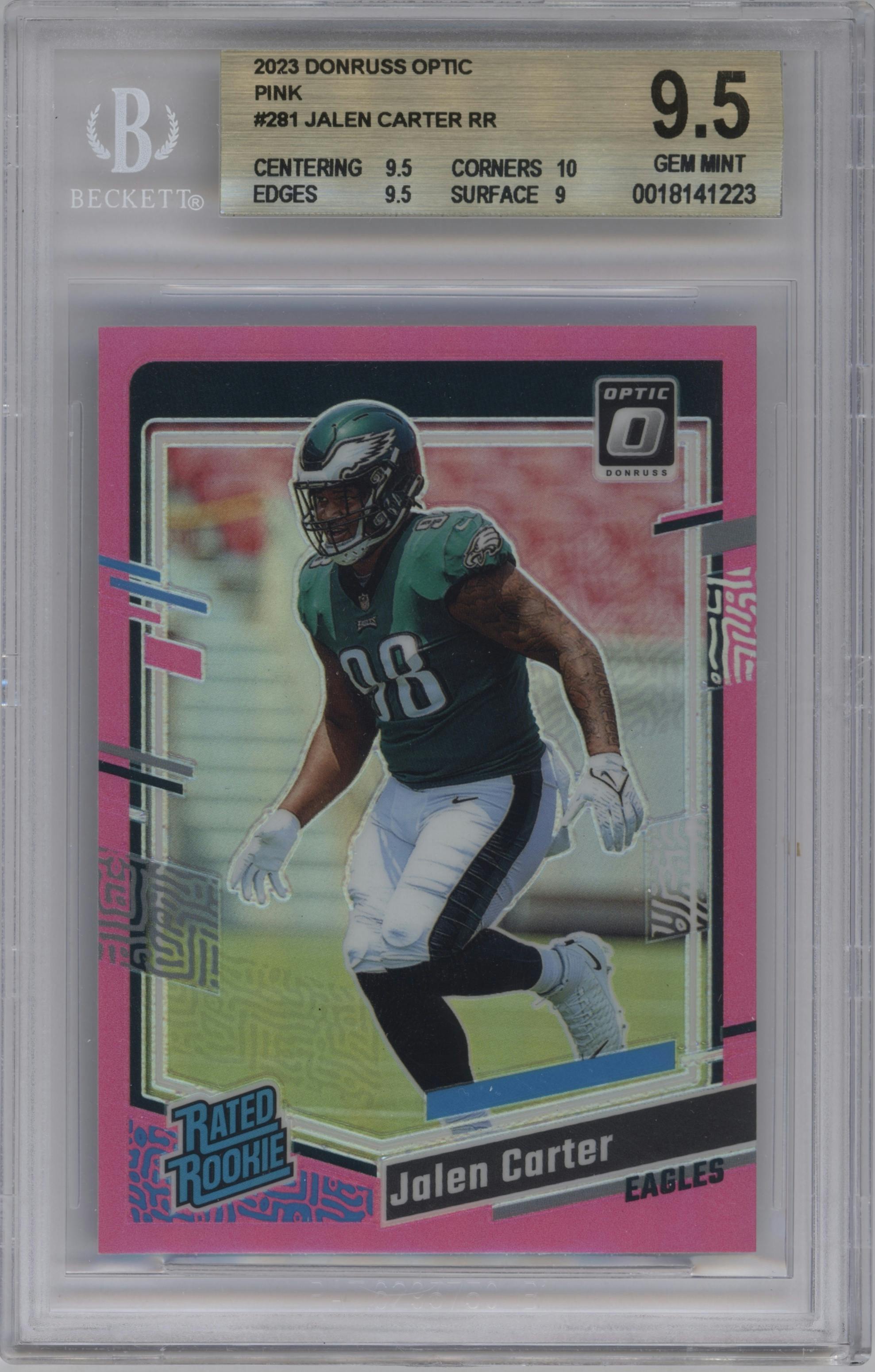 Jalen Carter from the 2023 Donruss Optic set featuring a Pink parallel graded by Beckett and given an overall grade of 9.5.