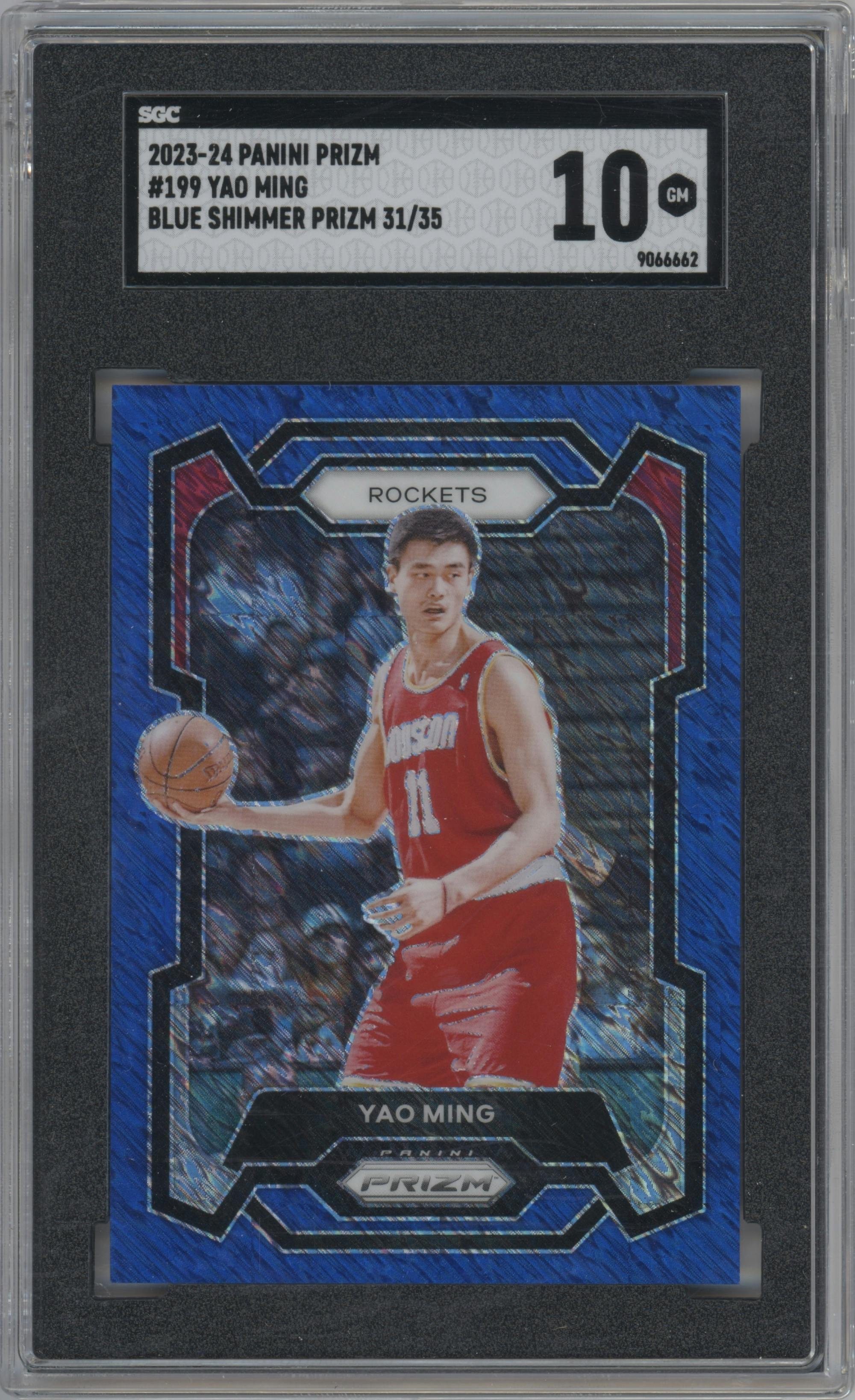 Yao Ming from the 2023-24 Panini Prizm set featuring a FOTL Blue Shimmer parallel graded by SGC and given an overall grade of 10.
