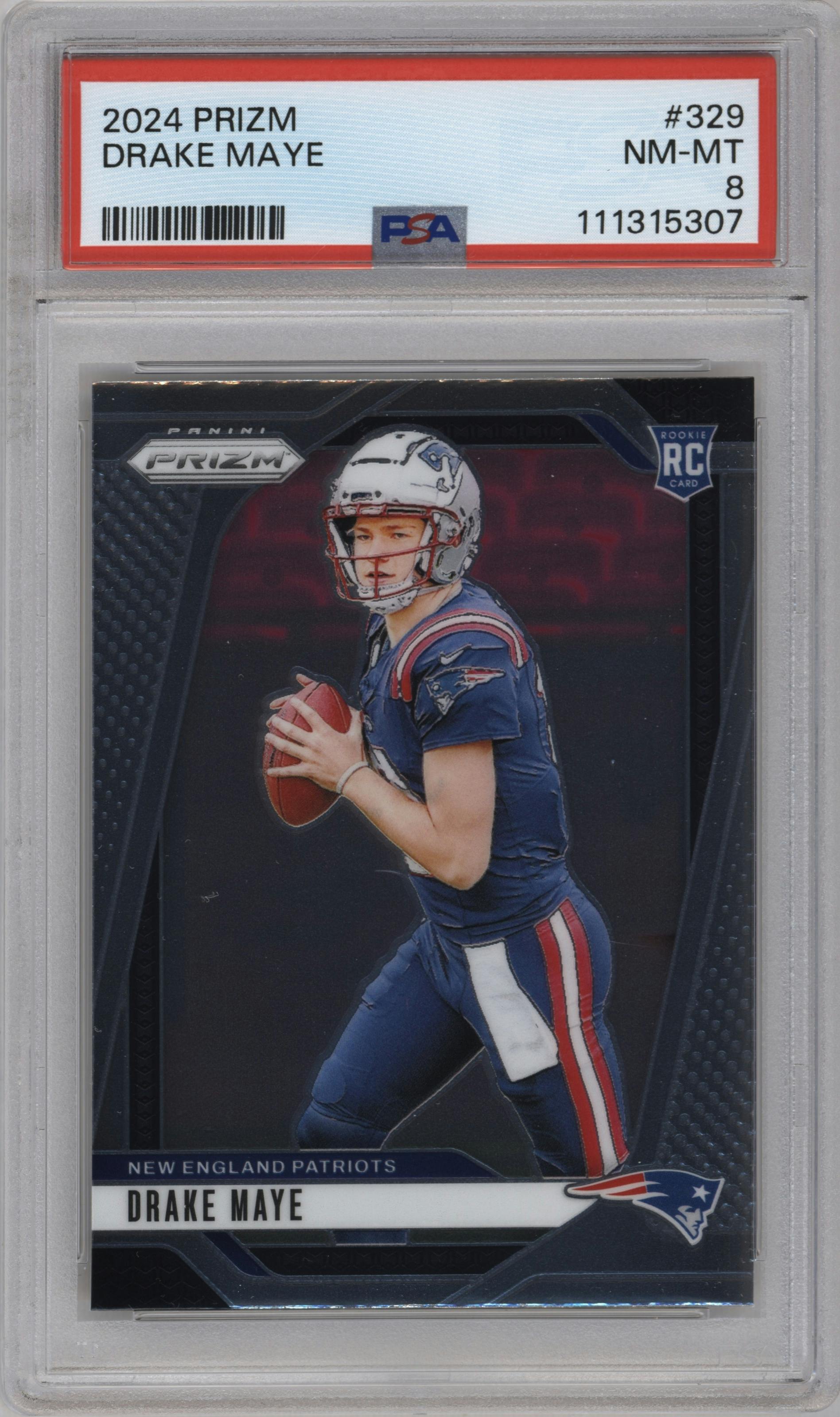 Drake Maye from the 2024 Panini Prizm set graded by PSA and given an overall grade of 8.