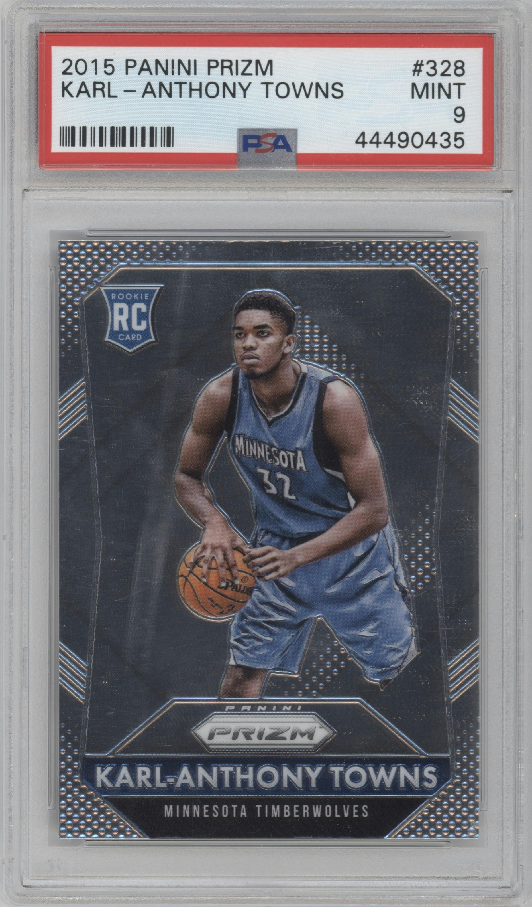 Karl-Anthony Towns from the 2015-16 Panini Prizm  set graded by PSA and given an overall grade of 9.