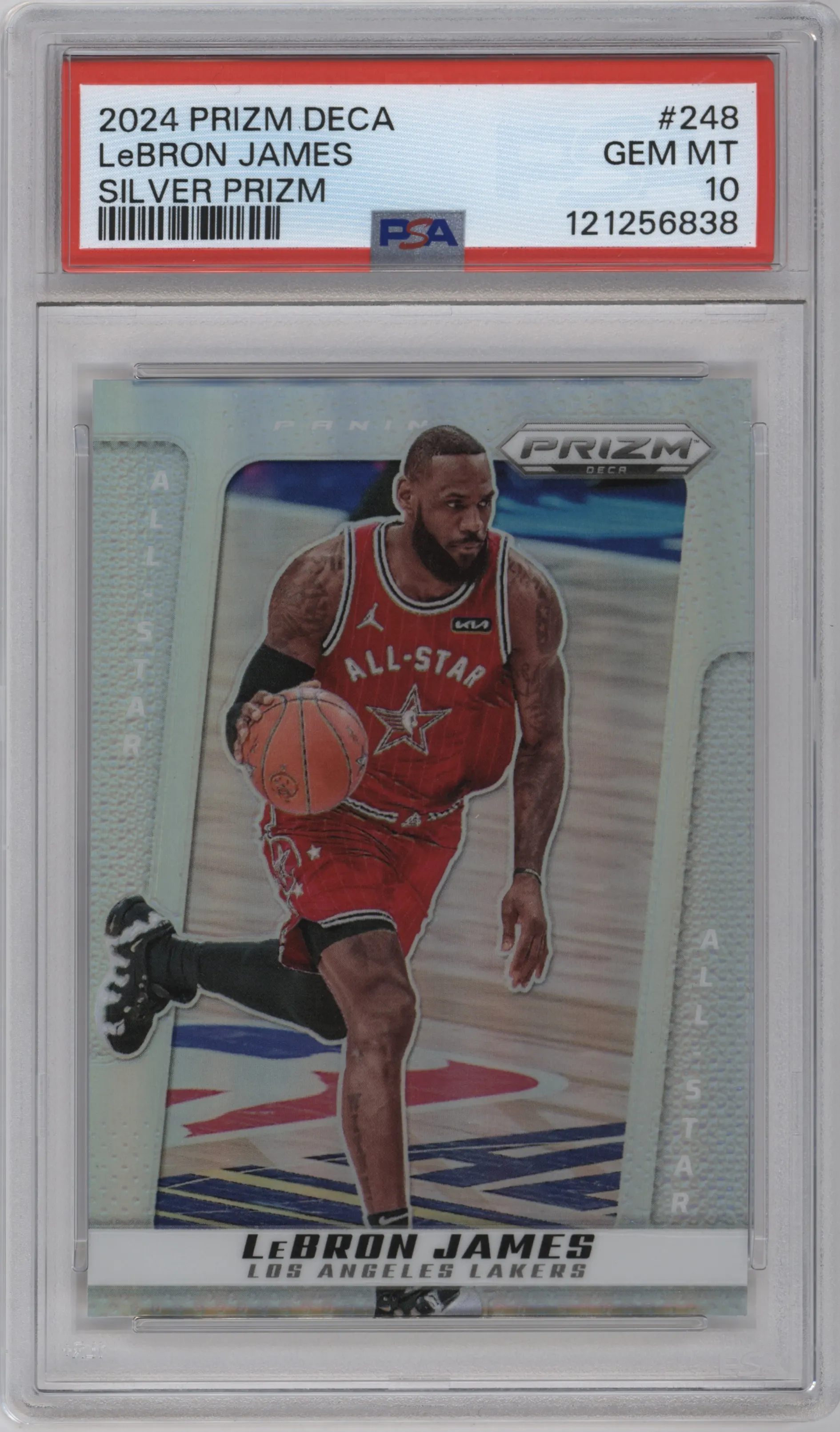 LeBron James from the 2024-25 Panini Prizm Deca set featuring a Silver parallel graded by PSA and given an overall grade of 10.