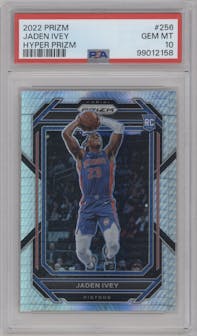 Jaden Ivey from the 2022-23 Panini Prizm  set featuring a Hyper parallel graded by PSA and given an overall grade of 10.