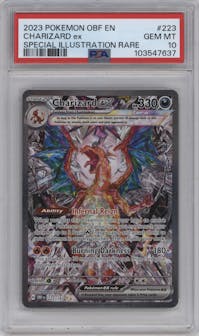 Charizard ex from the 2023 Pokemon SV set graded by PSA and given an overall grade of 10.