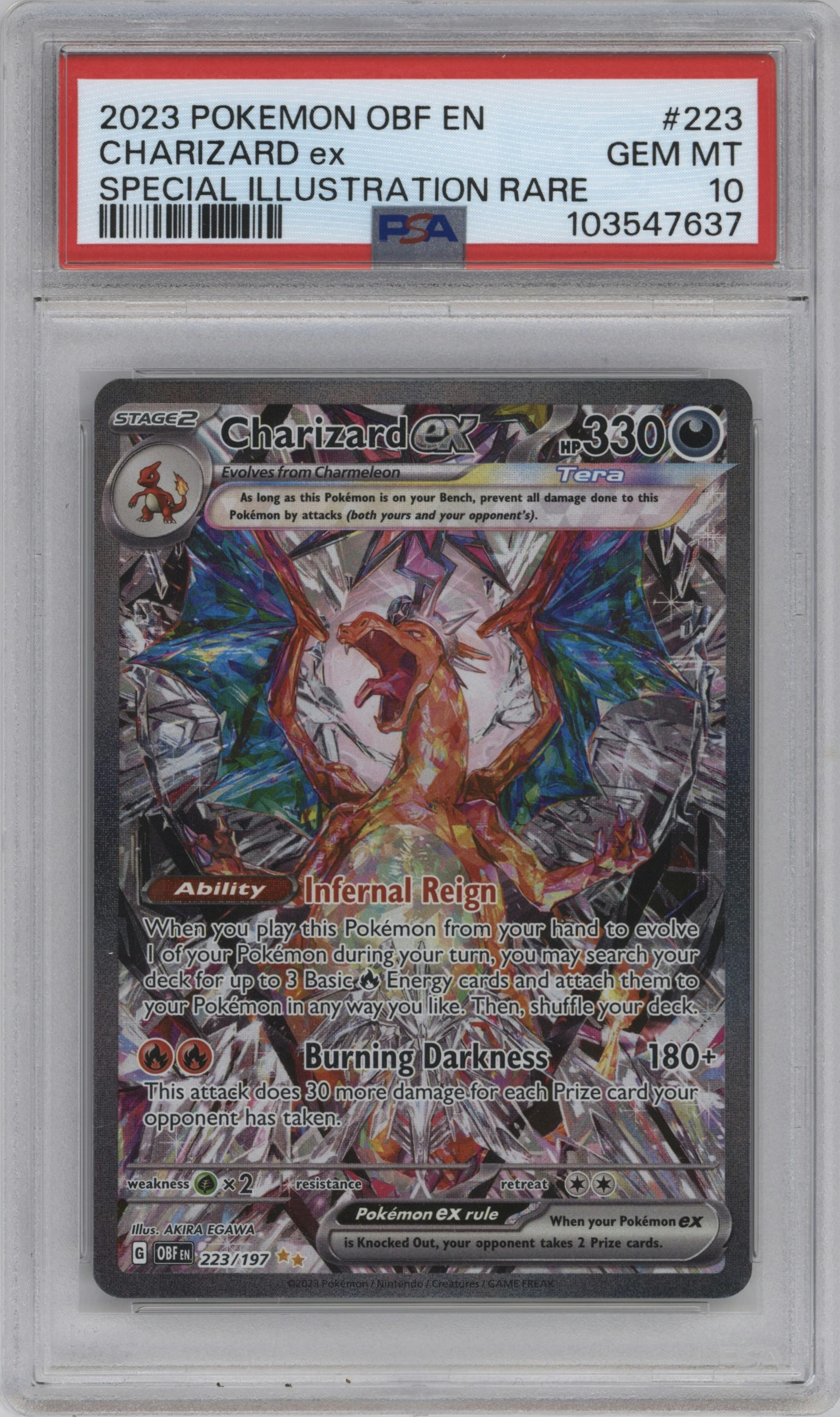 Charizard ex from the 2023 Pokemon SV set graded by PSA and given an overall grade of 10.