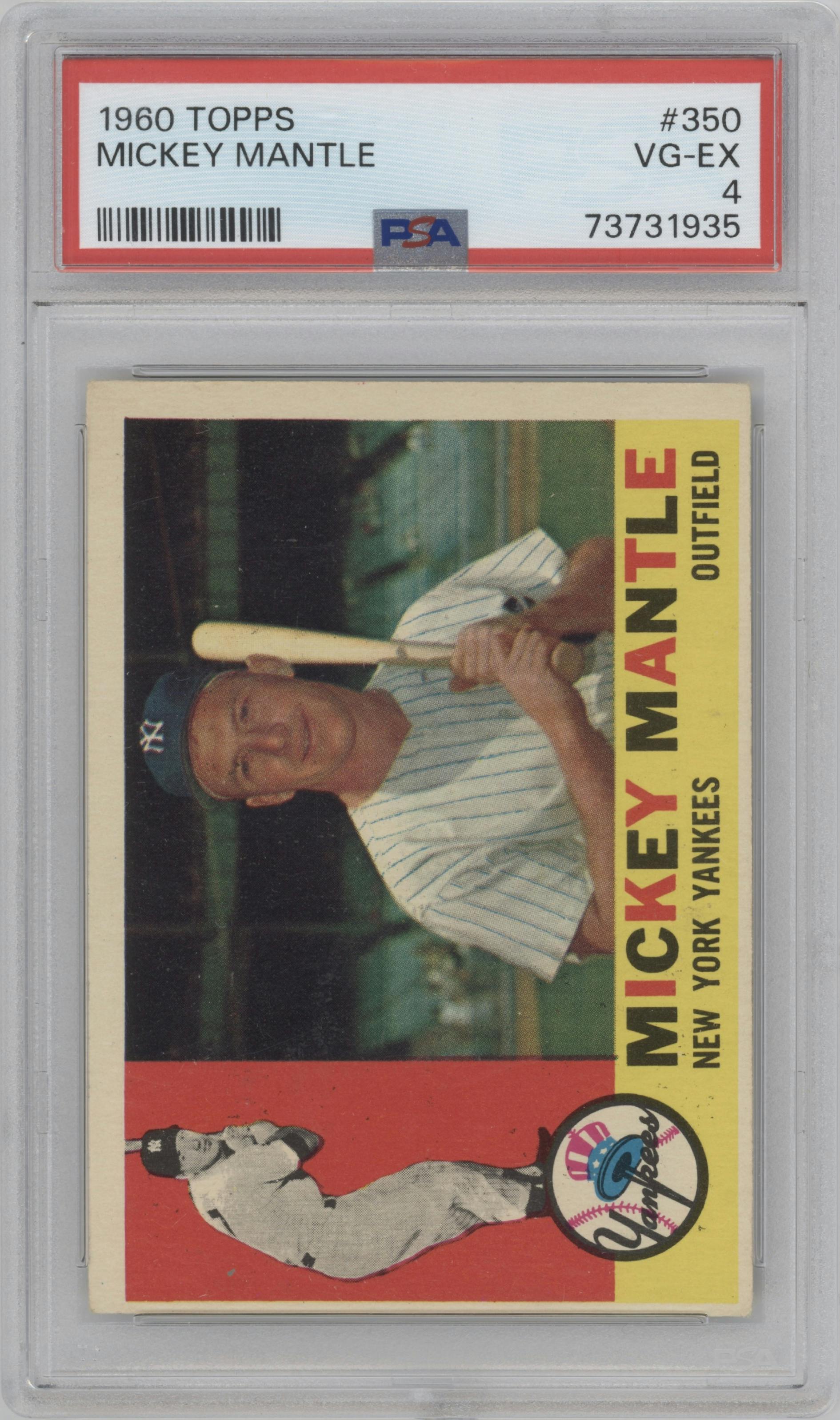 Mickey Mantle from the 1960 Topps set graded by PSA and given an overall grade of 4.