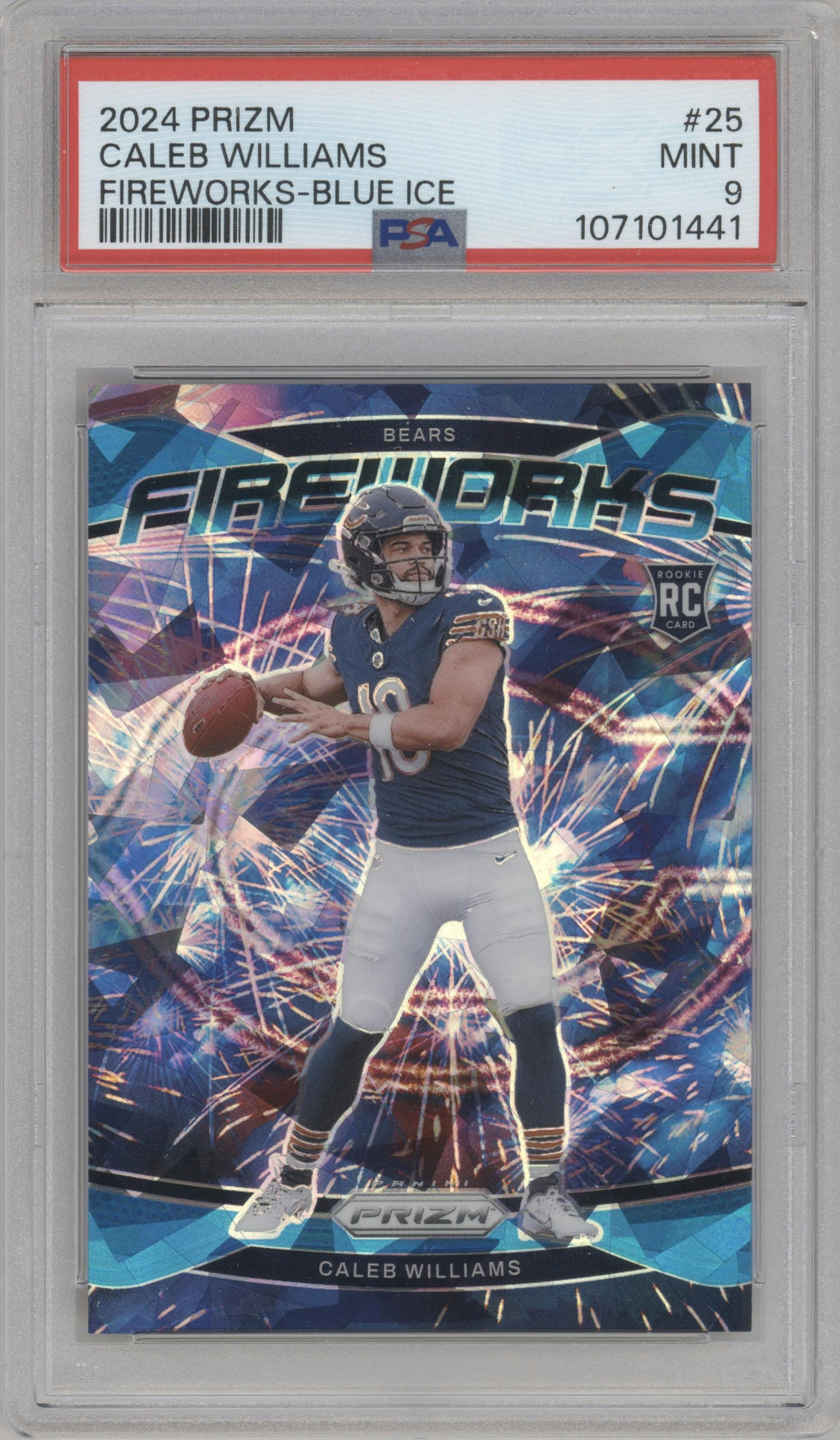 Caleb Williams from the 2024 Panini Prizm set featuring a Blue Ice parallel graded by PSA and given an overall grade of 9.