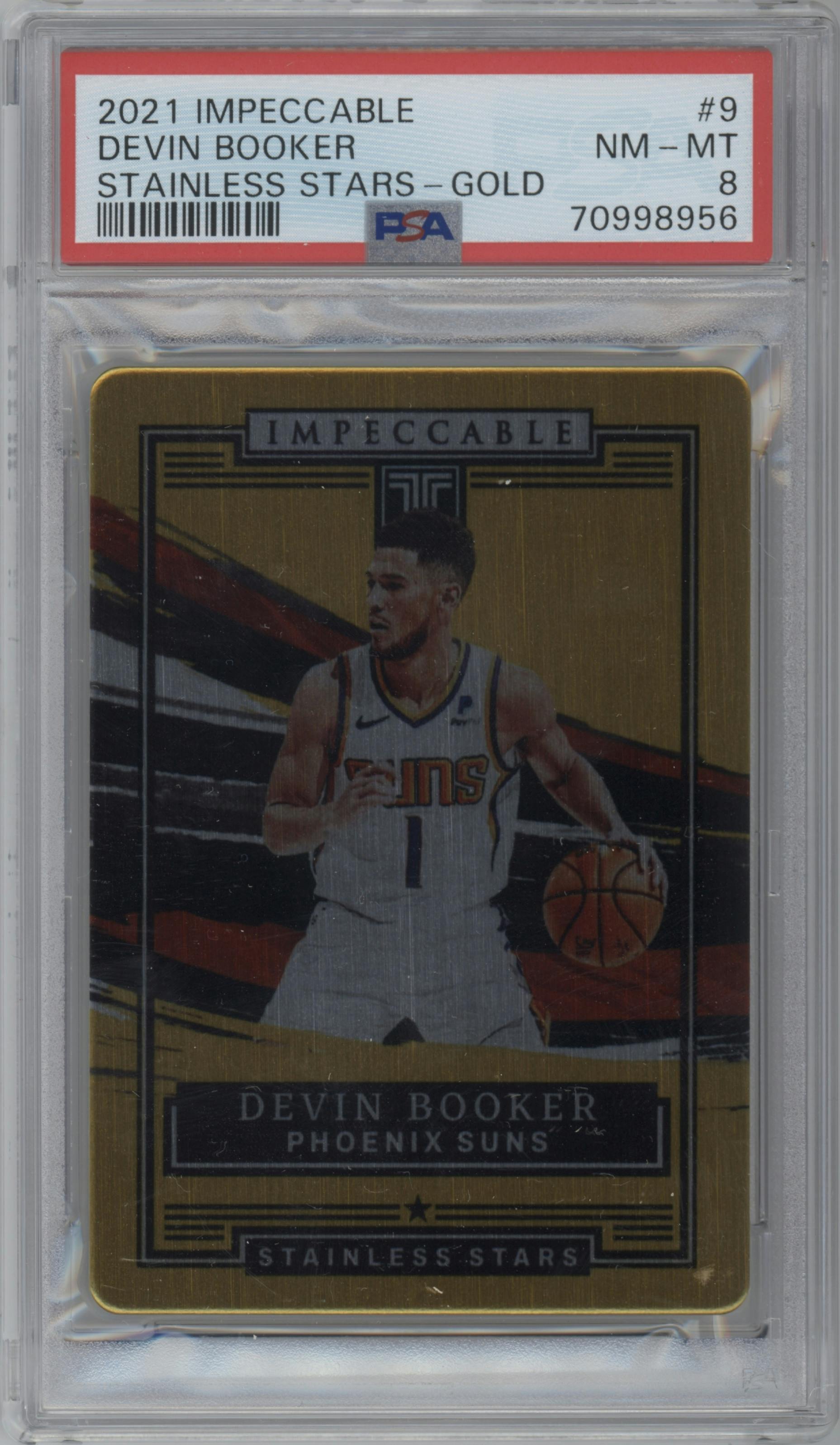 Devin Booker from the 2021-22 Panini Impeccable  set featuring a Gold parallel graded by PSA and given an overall grade of 8.