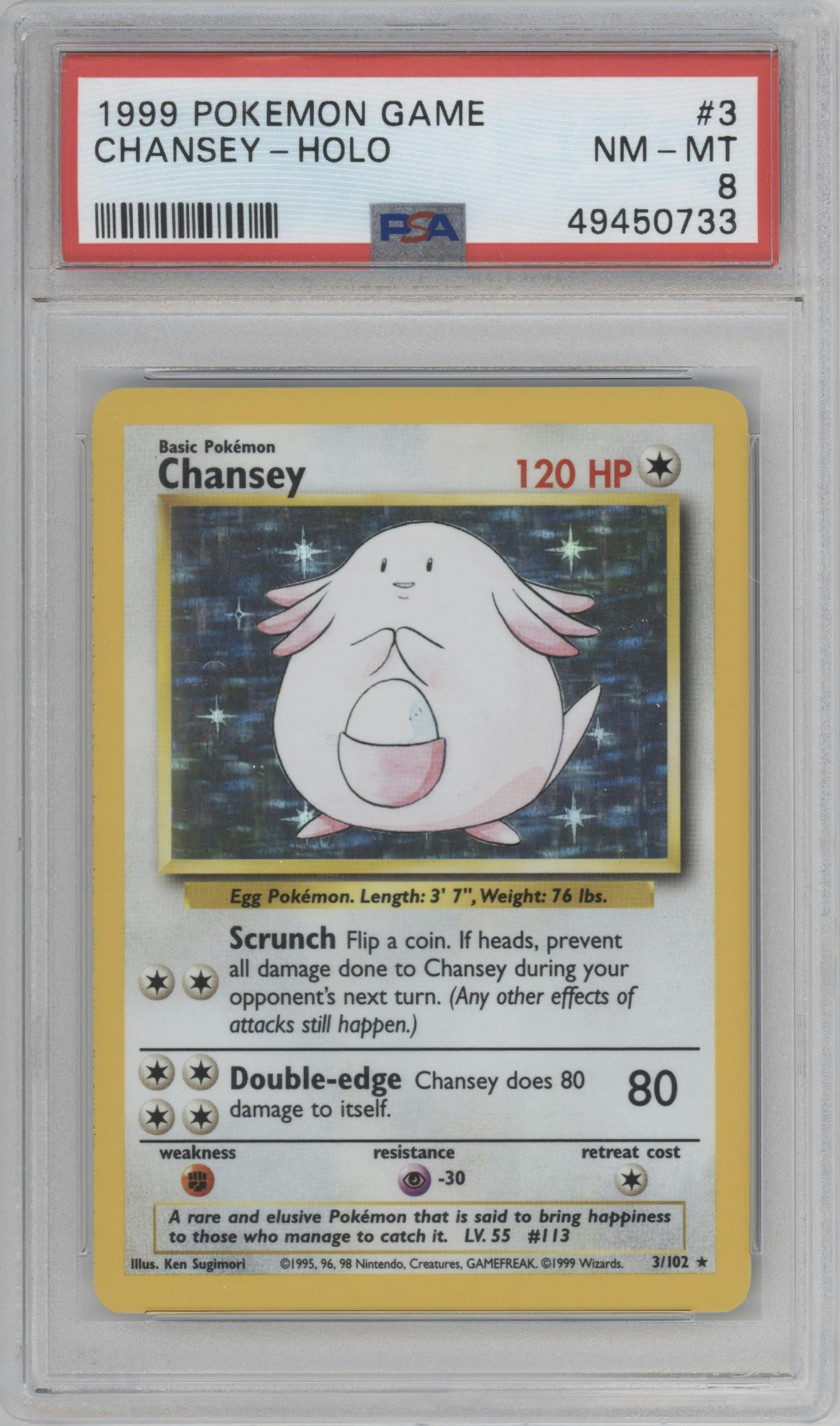 Chansey from the 1999 Pokemon set graded by PSA and given an overall grade of 8.
