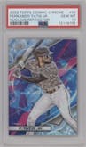 Fernando Tatis Jr. from the 2022 Topps Cosmic Chrome set featuring a  Nucleus Refractor parallel graded by PSA and given an overall grade of 10.