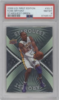 Kobe Bryant from the 2008-09 Upper Deck First Edition set featuring a Green parallel graded by PSA and given an overall grade of 8.